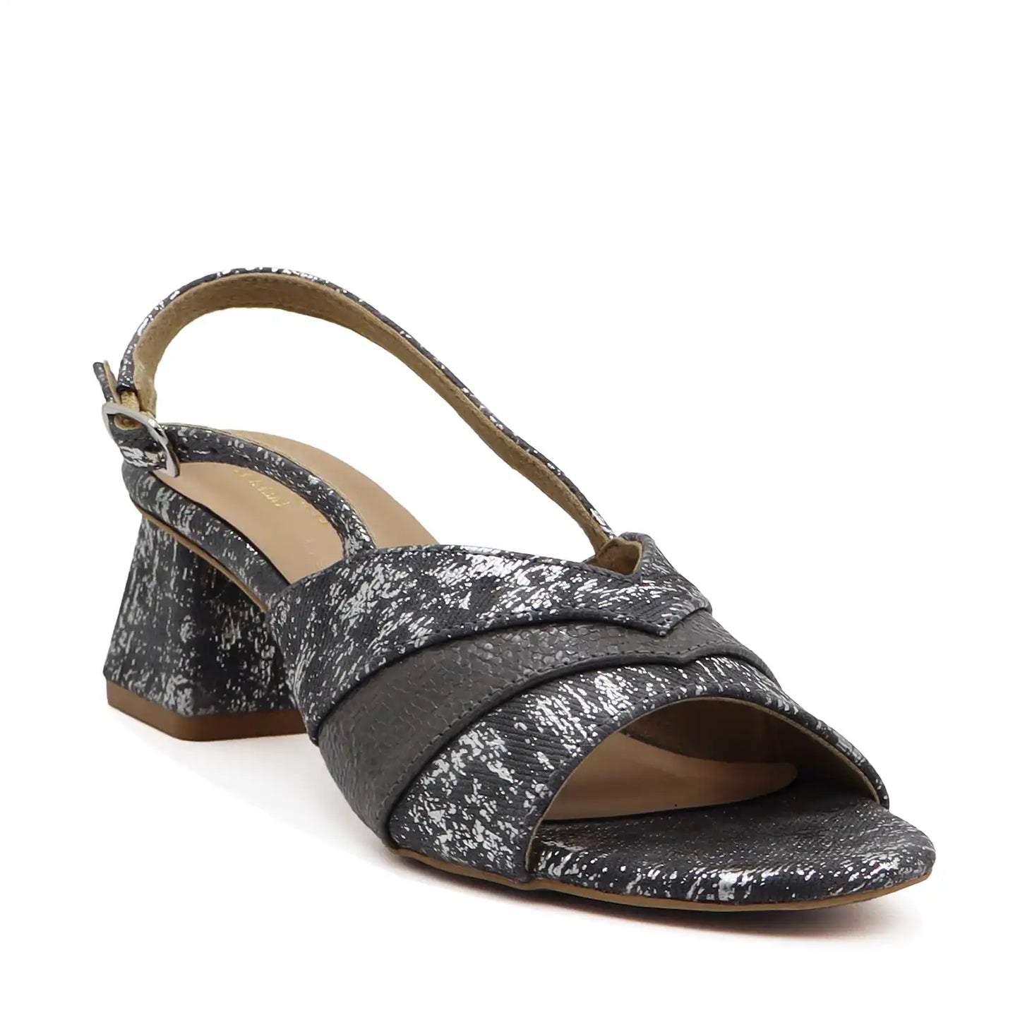 Women's gunmetal block heel slingback sandals side view