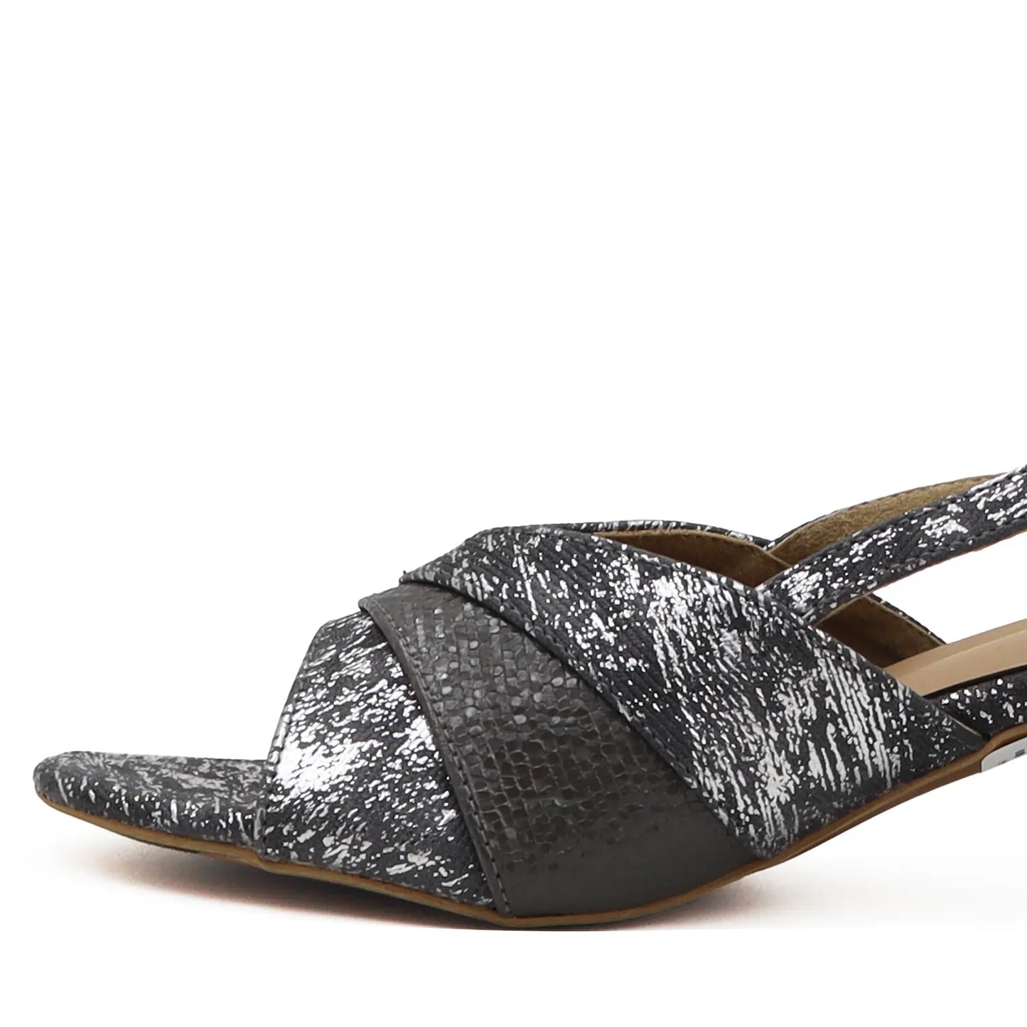Close view of gunmetal block heel slingback sandals