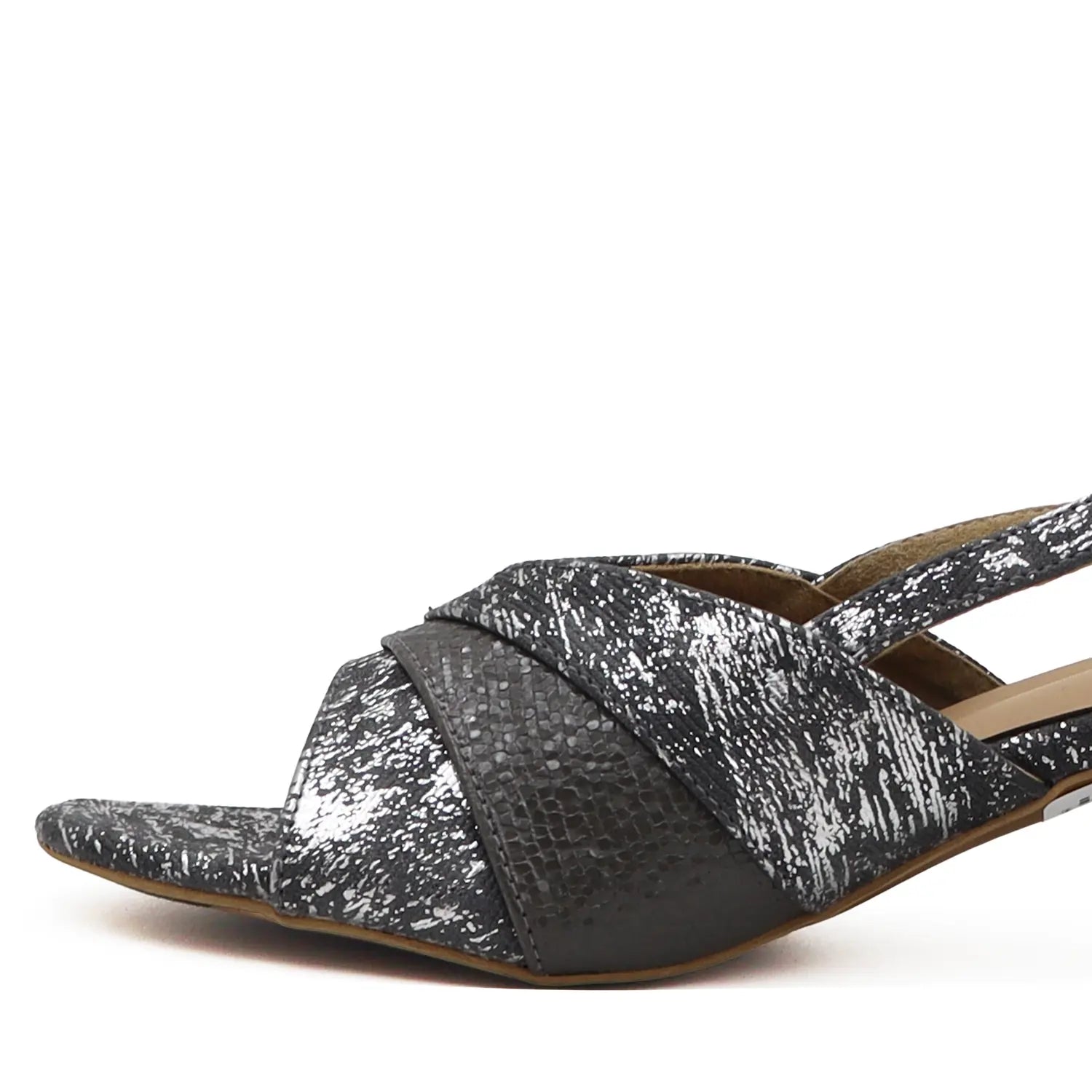 Close view of gunmetal block heel slingback sandals