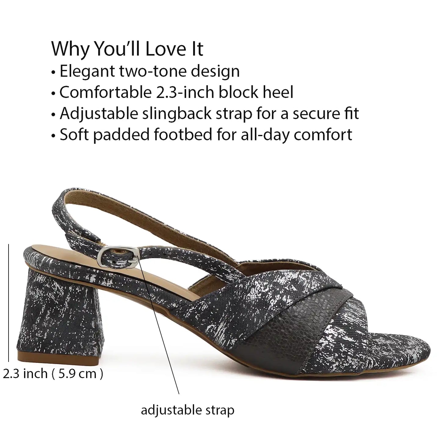 Detail view of gunmetal block heel slingback sandals