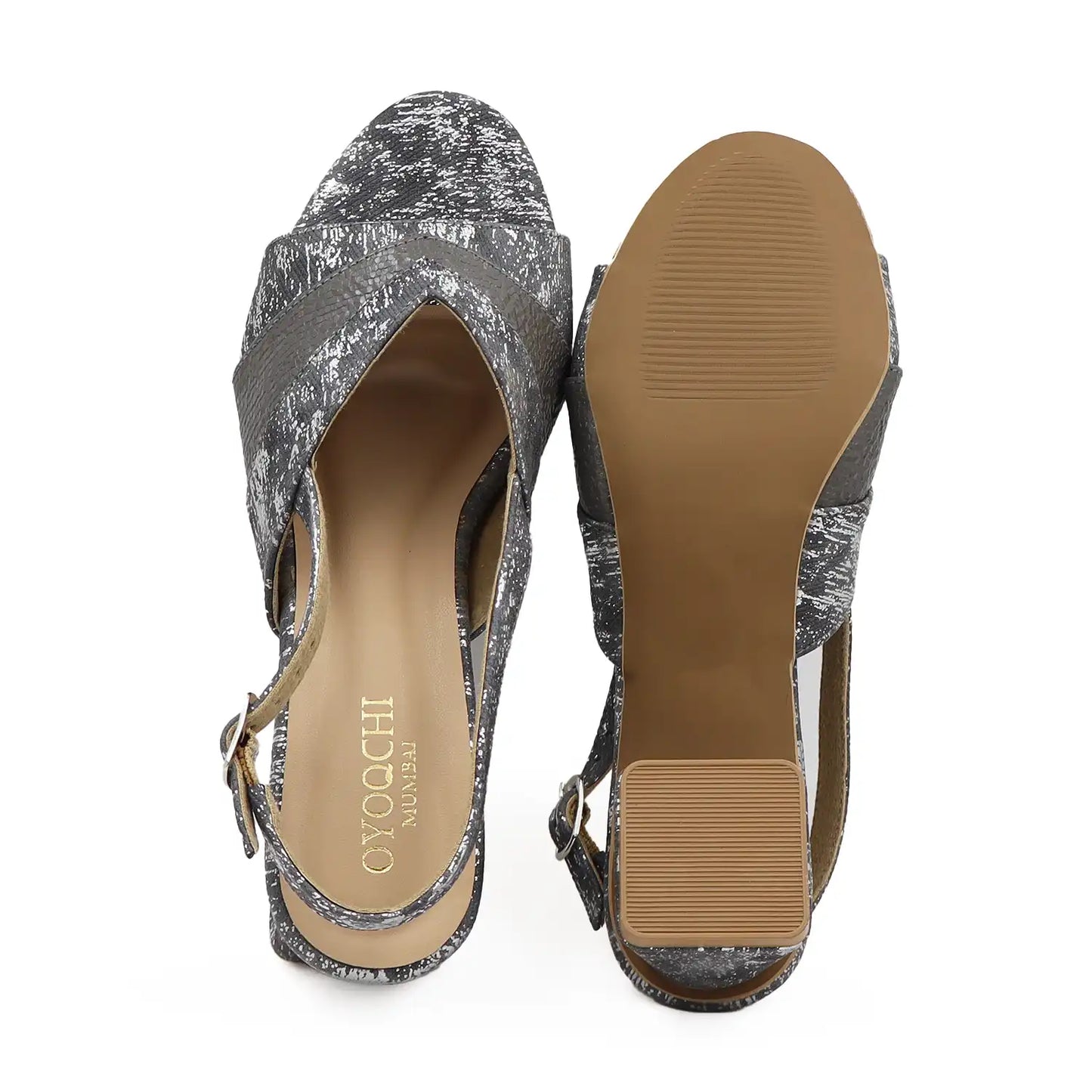Gunmetal block heel slingback sandals sole and top view