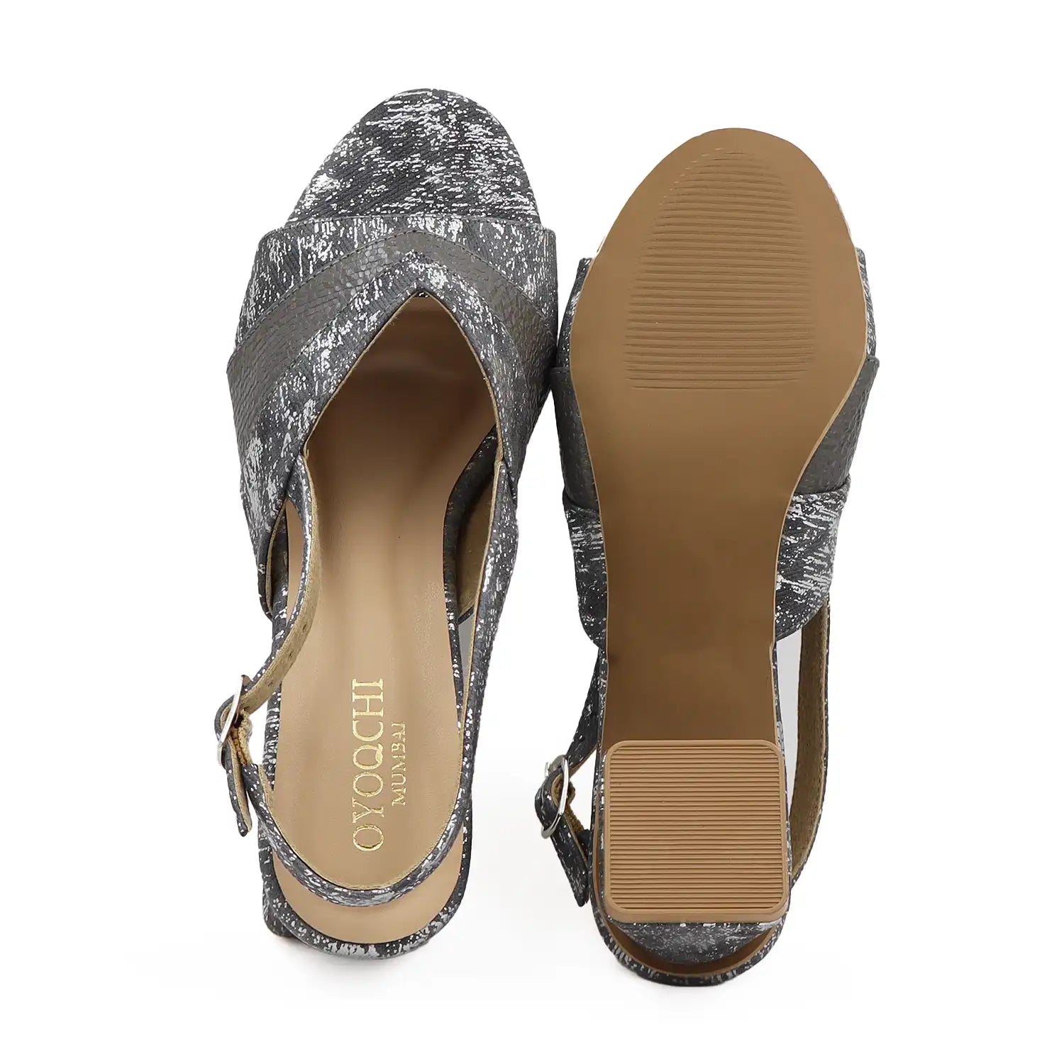 Gunmetal block heel slingback sandals sole and top view