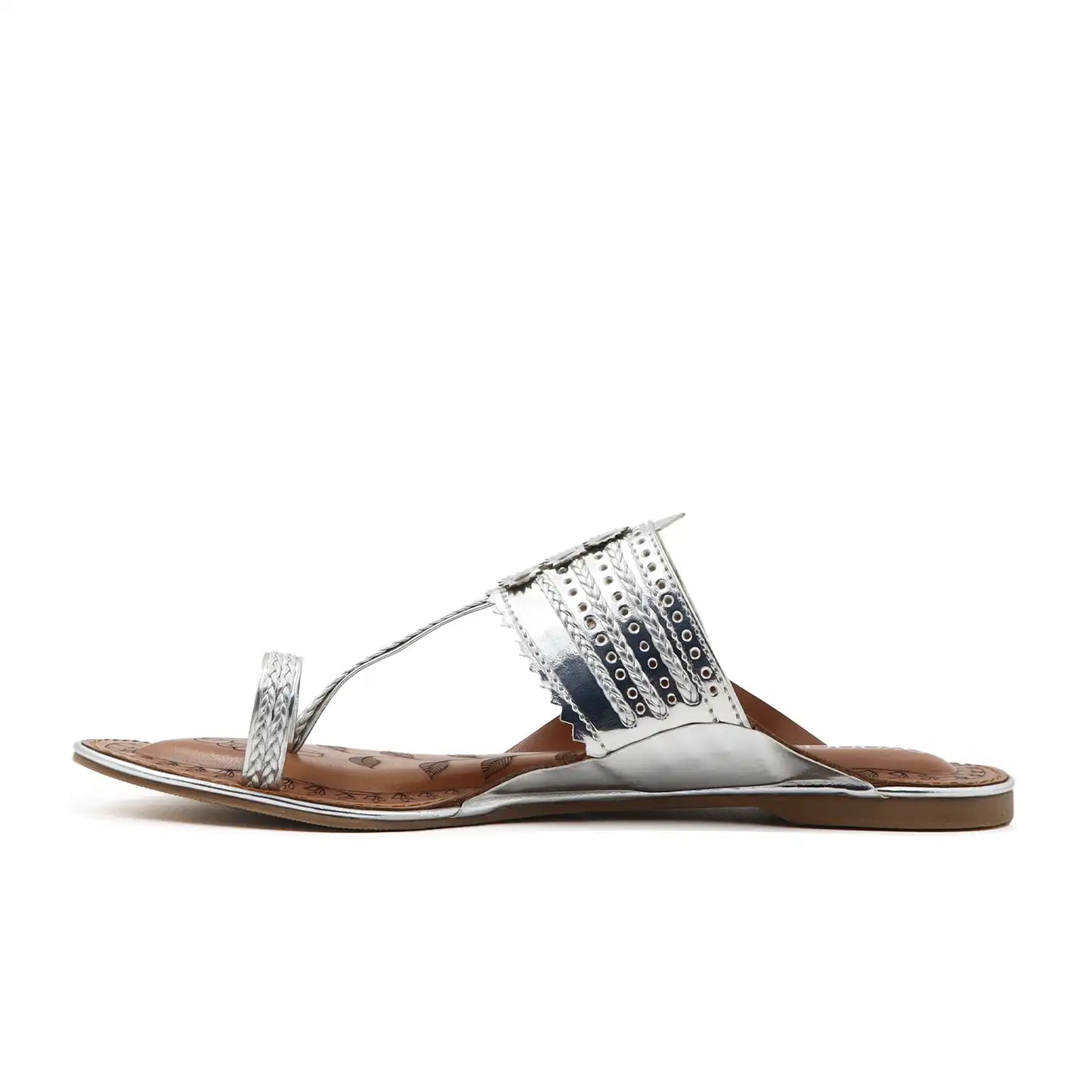 Women's silver kolhapuri flats sandals, side view
