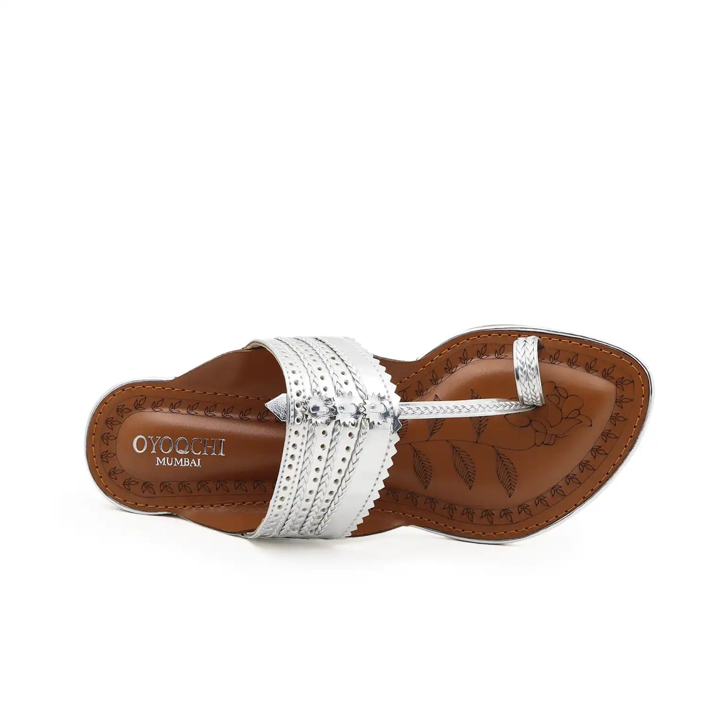 Women's silver kolhapuri flats sandals, top view