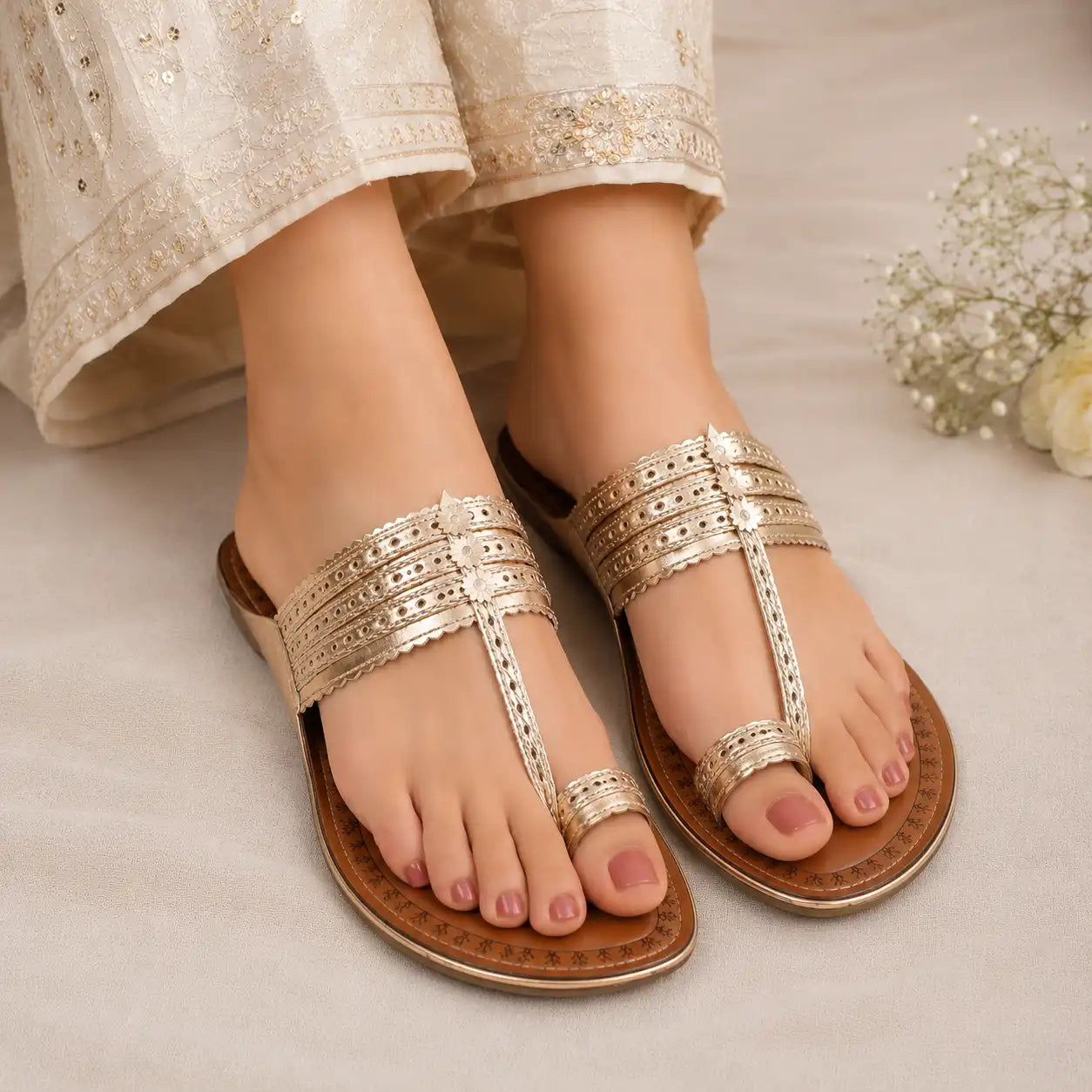Women's rose gold kolhapuri flats sandals with a women wearing on indian outft