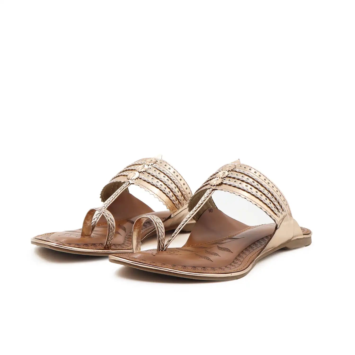 Women's rose gold kolhapuri flats sandals , angled vew