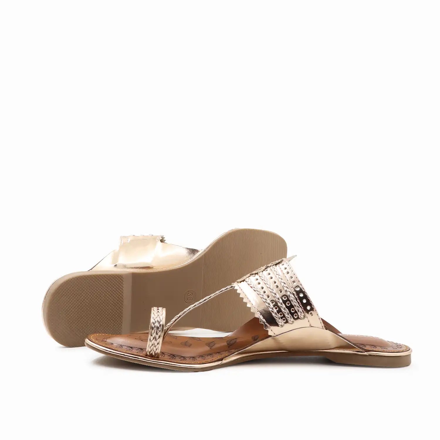 Women's rose gold kolhapuri flats sandals , sole and side view