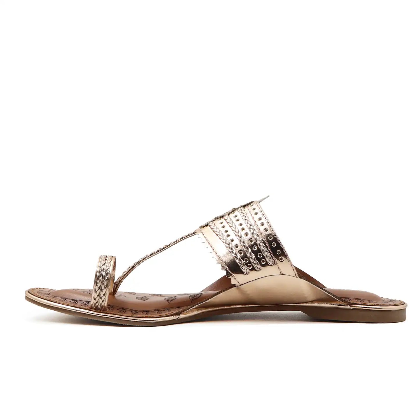 Women's rose gold kolhapuri flats sandals , side profile view