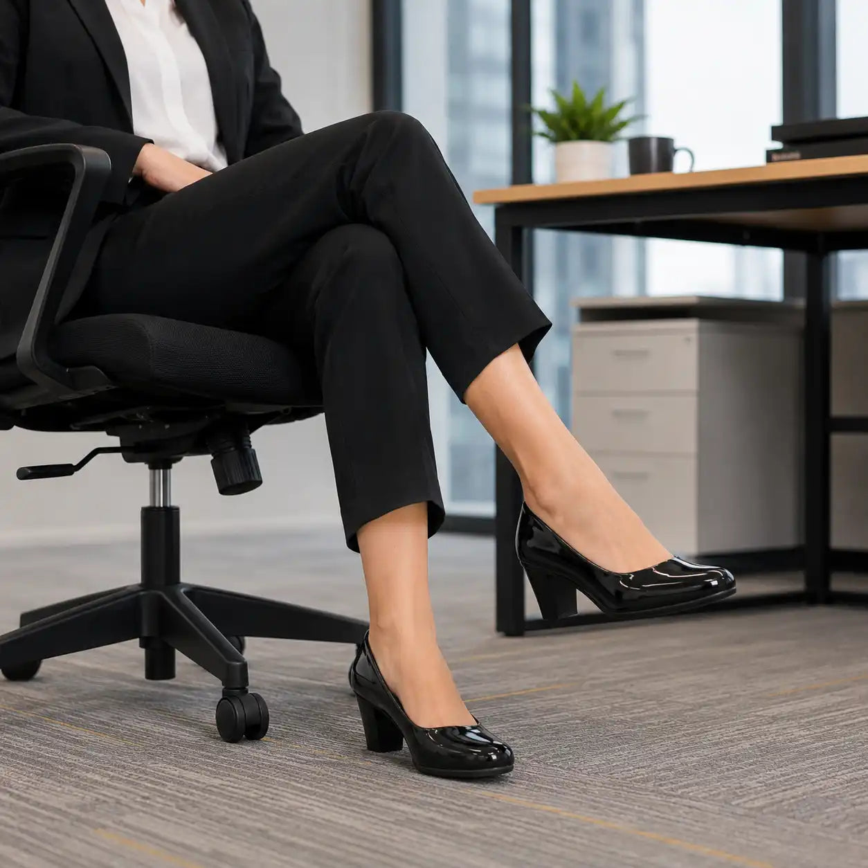 Women's pump shoe in glossy black patent leather with a block heel and light weight sole, lifestyle view