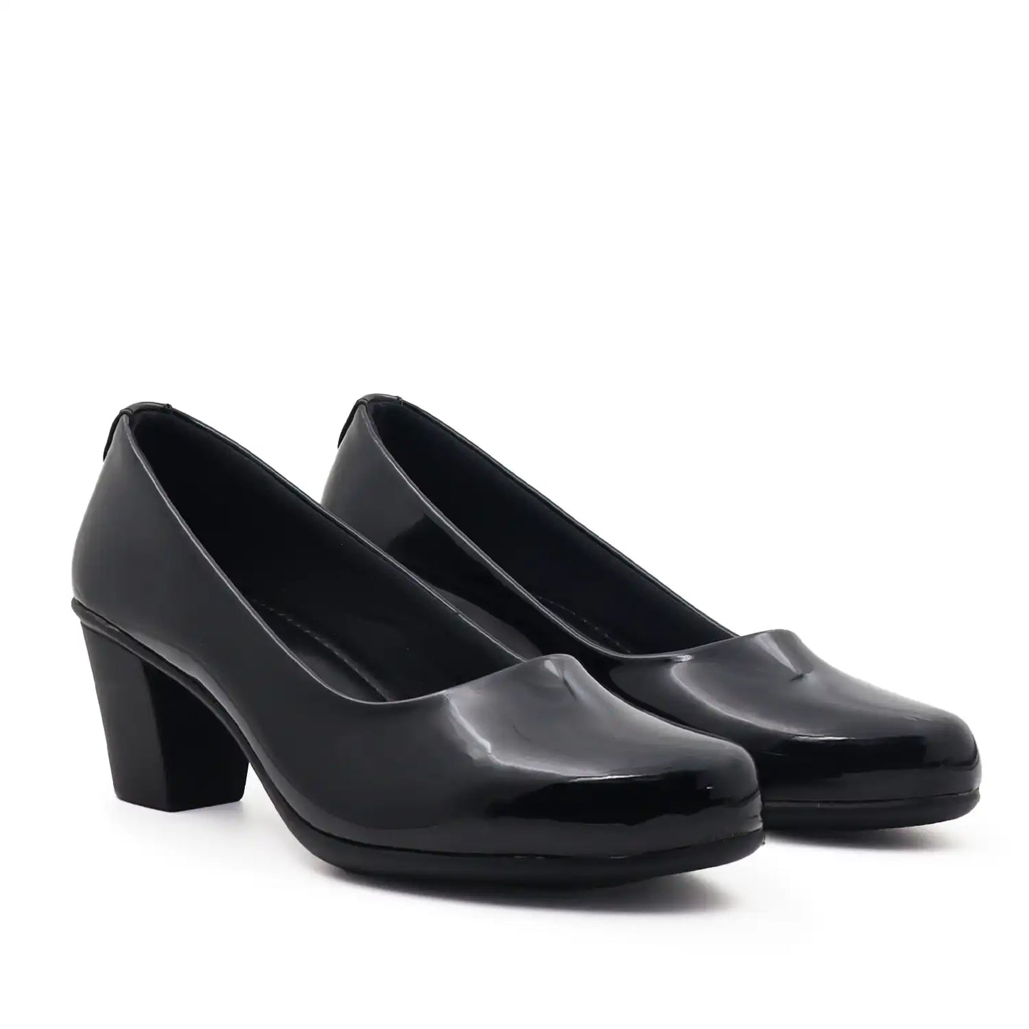 Women's pump shoe in glossy black patent leather with a block heel and light weight sole, pair view