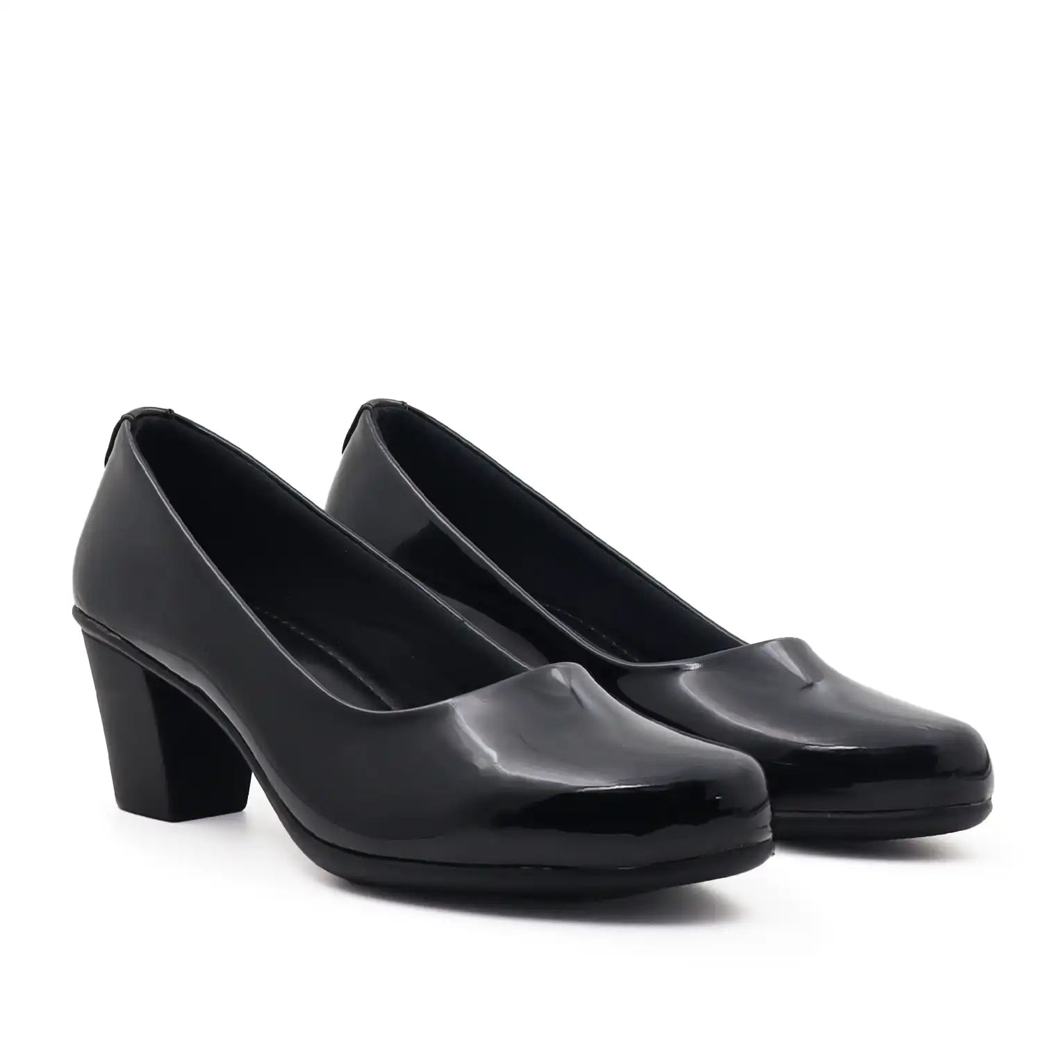 Women's pump shoe in glossy black patent leather with a block heel and light weight sole, pair view
