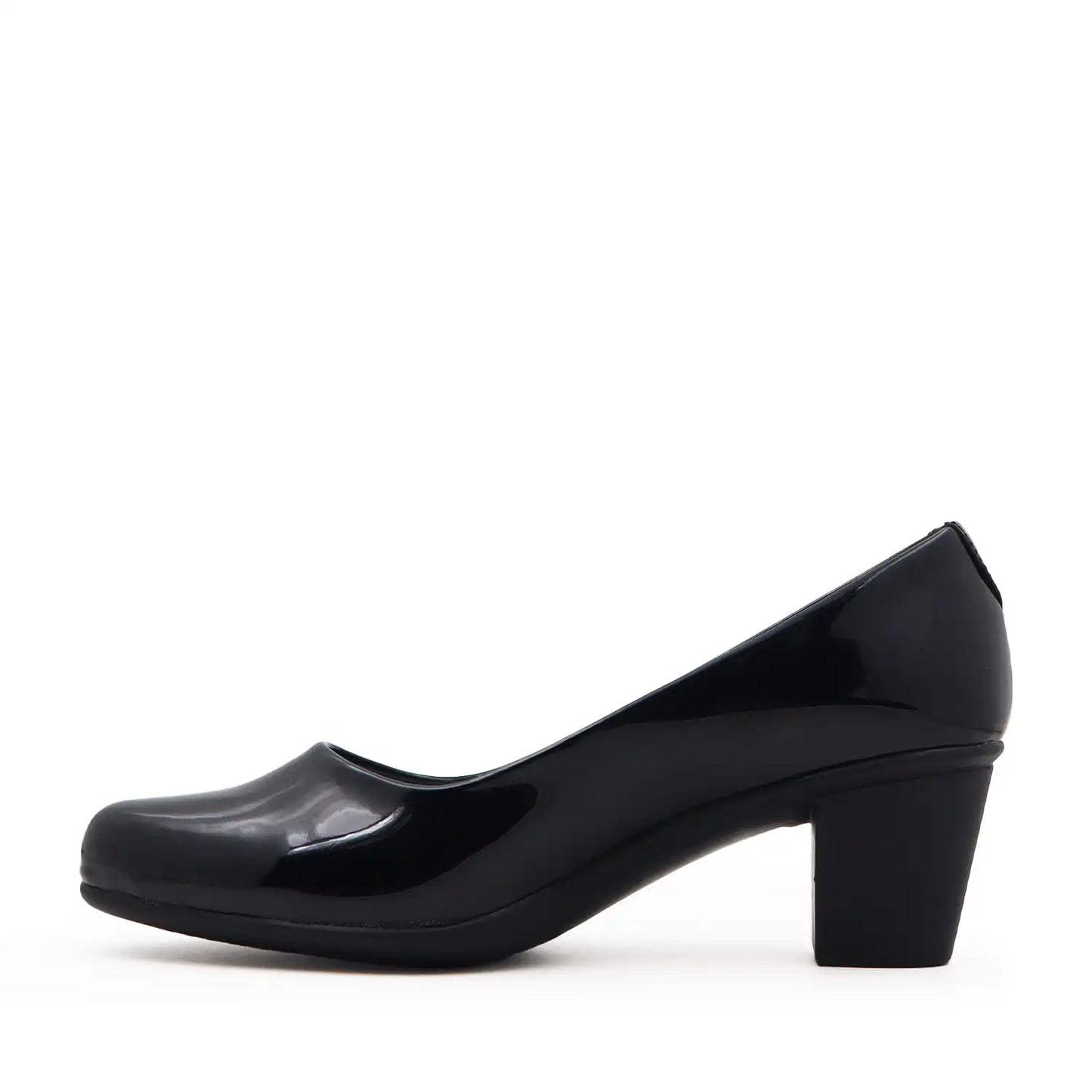 Women's pump shoe in glossy black patent leather with a block heel and light weight sole, side view