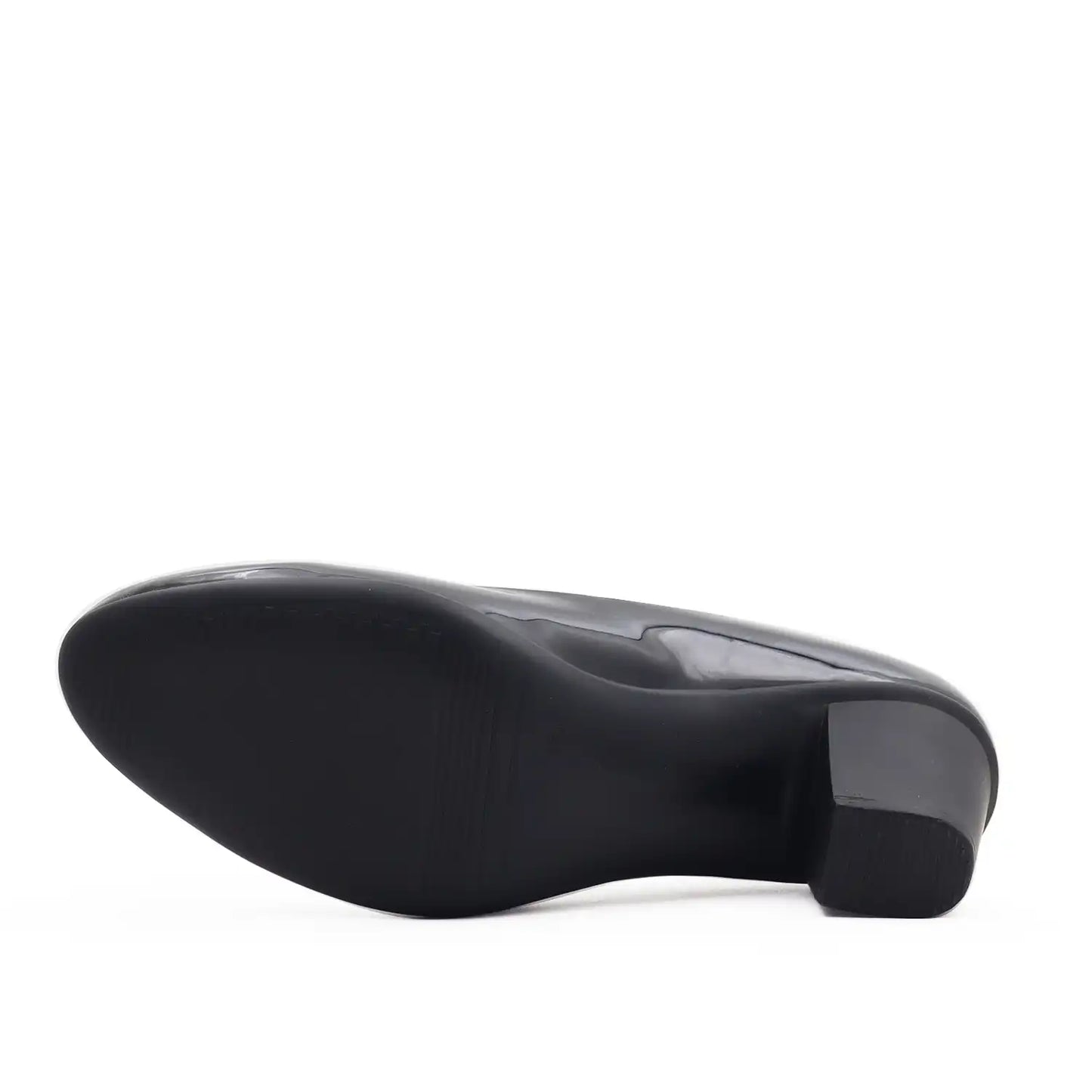 Women's pump shoe in glossy black patent leather with a block heel and light weight sole, sole view