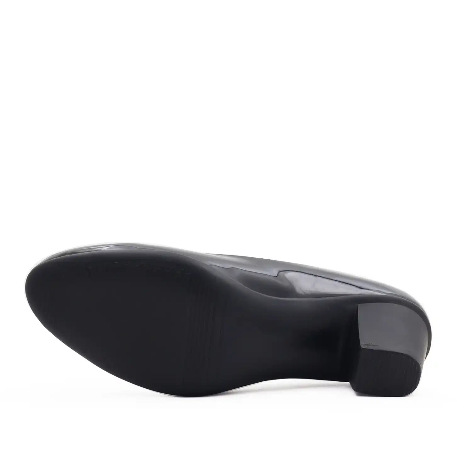 Women's pump shoe in glossy black patent leather with a block heel and light weight sole, sole view