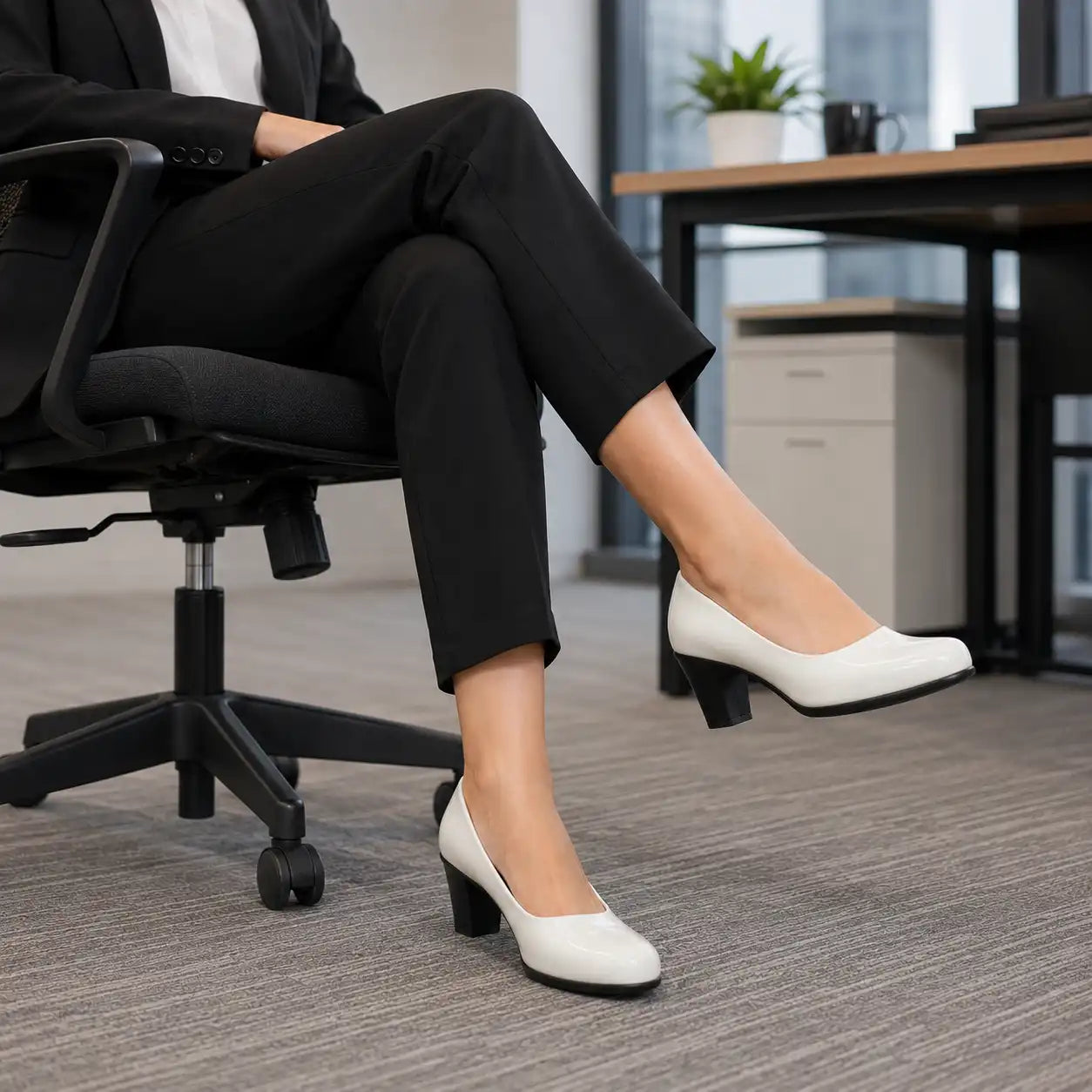 Women's pump shoe in glossy white patent leather with a block heel and light weight sole, lifestyle view