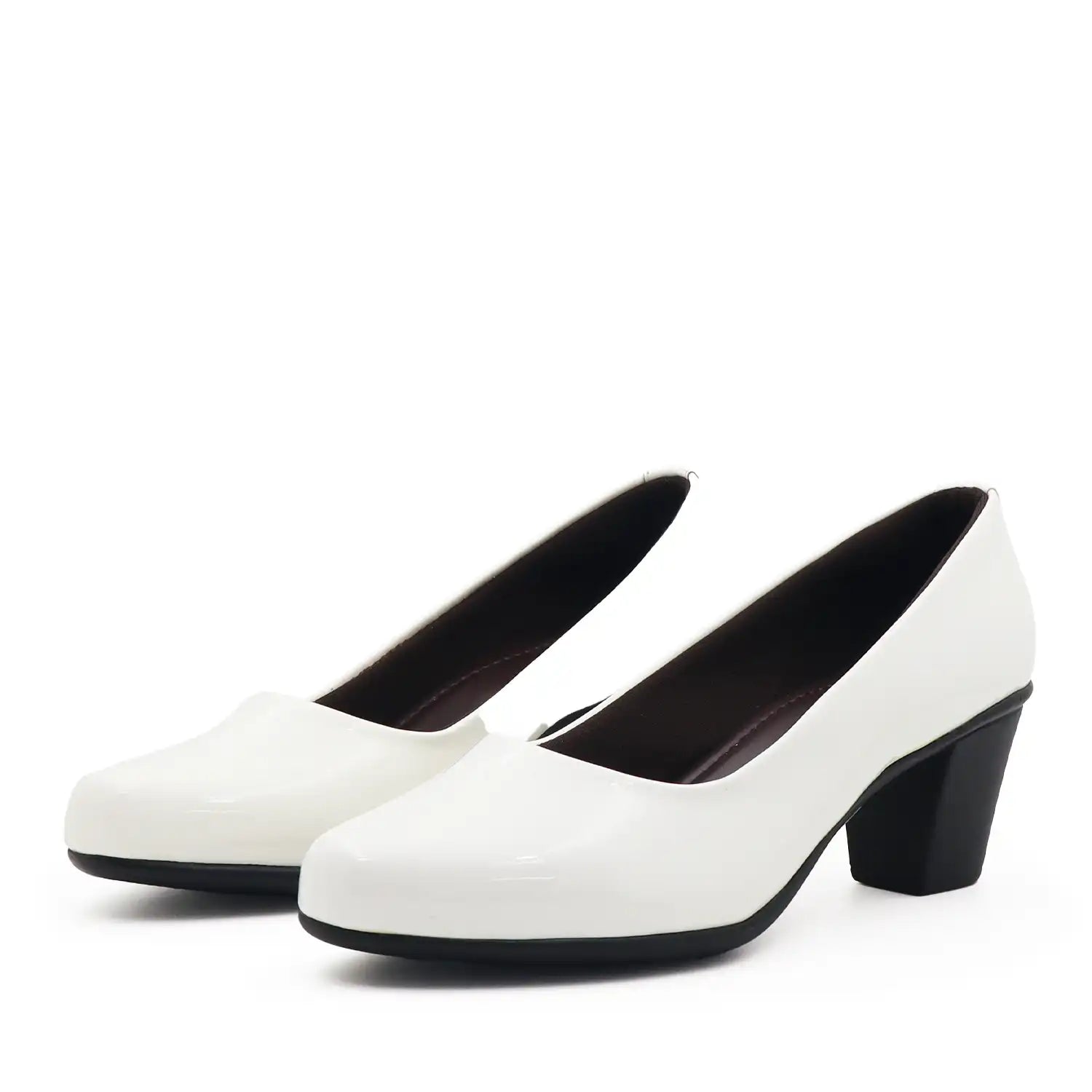 Women's pump shoe in glossy white patent leather with a block heel and light weight sole, pair view