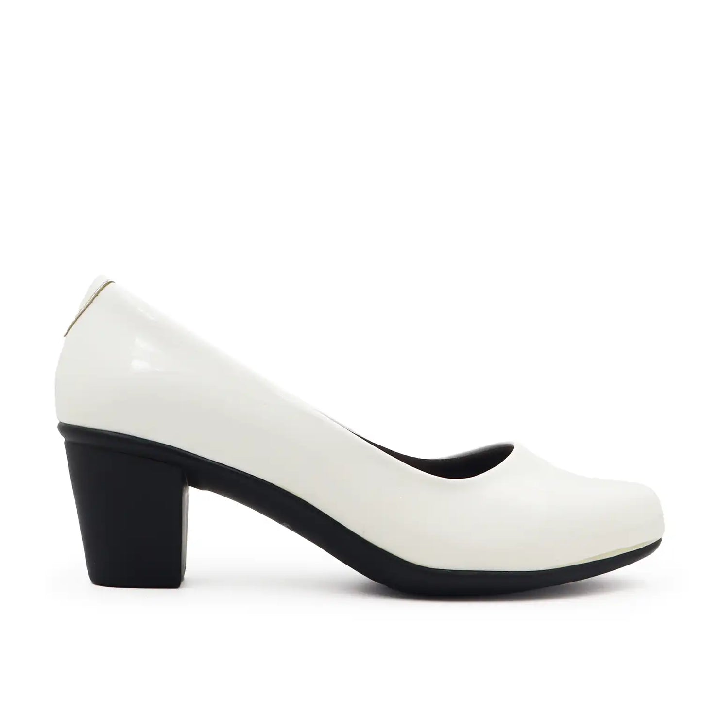 Women's pump shoe in glossy white patent leather with a block heel and light weight sole, side view