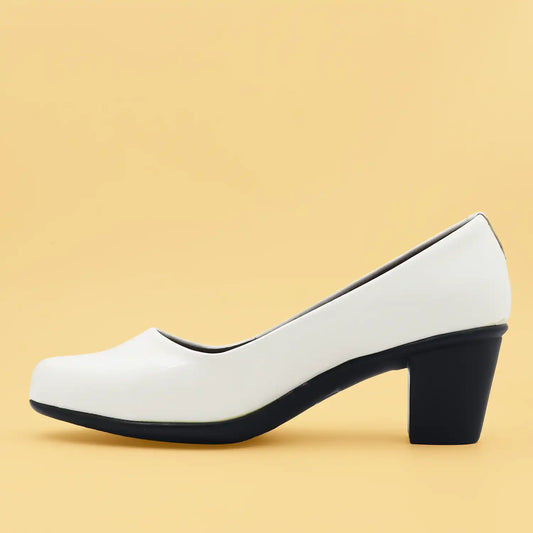 Women's pump shoe in glossy white patent leather with a block heel and light weight sole