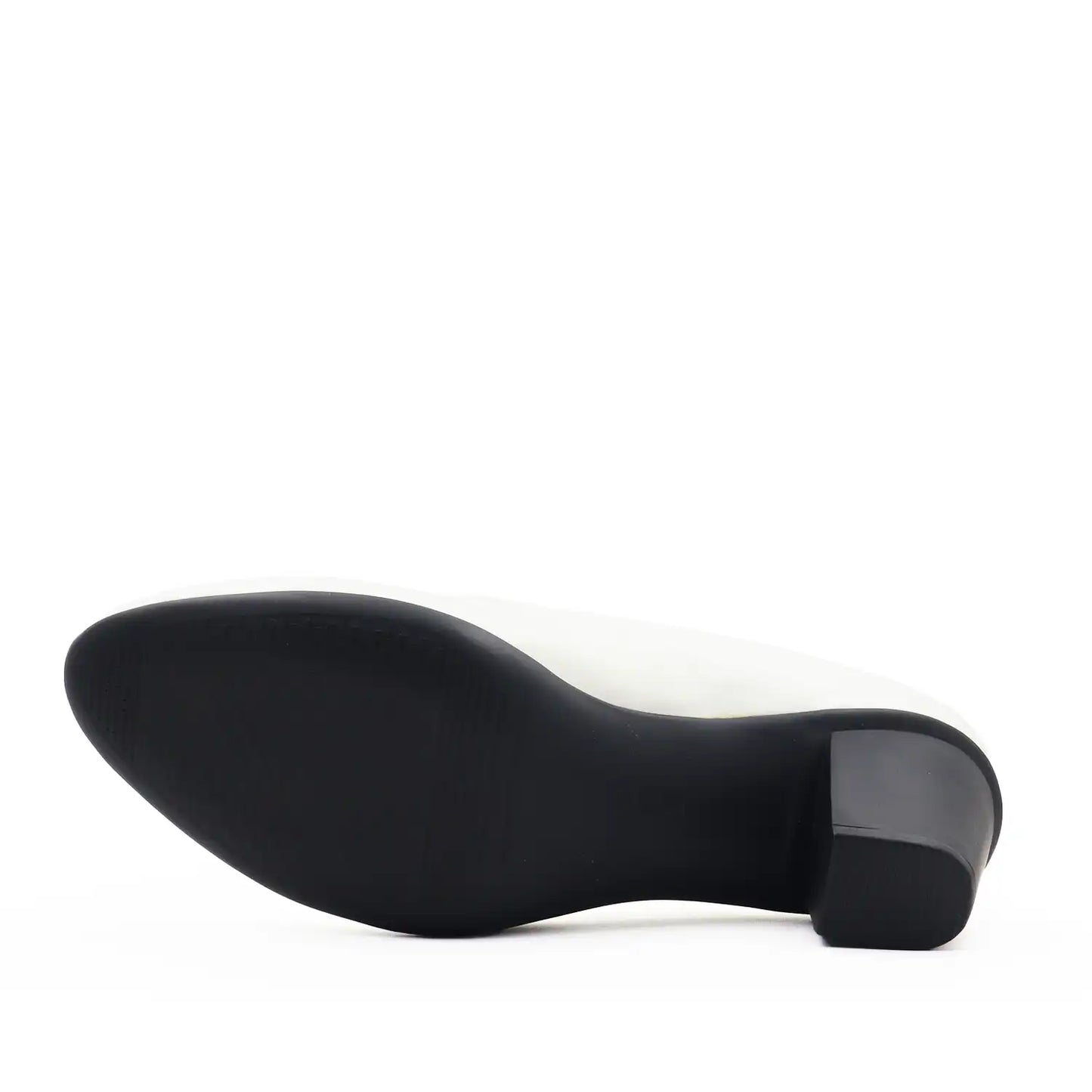 Women's pump shoe in glossy white patent leather with a block heel and light weight sole, sole view