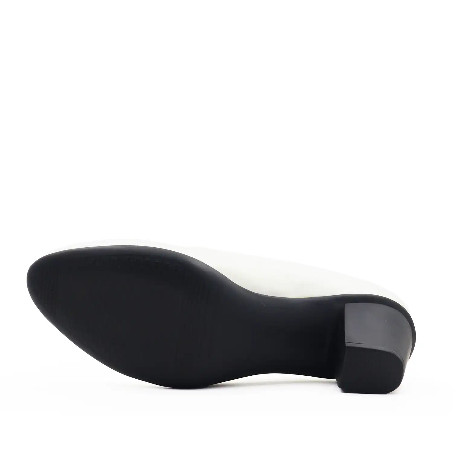 Women's pump shoe in glossy white patent leather with a block heel and light weight sole, sole view