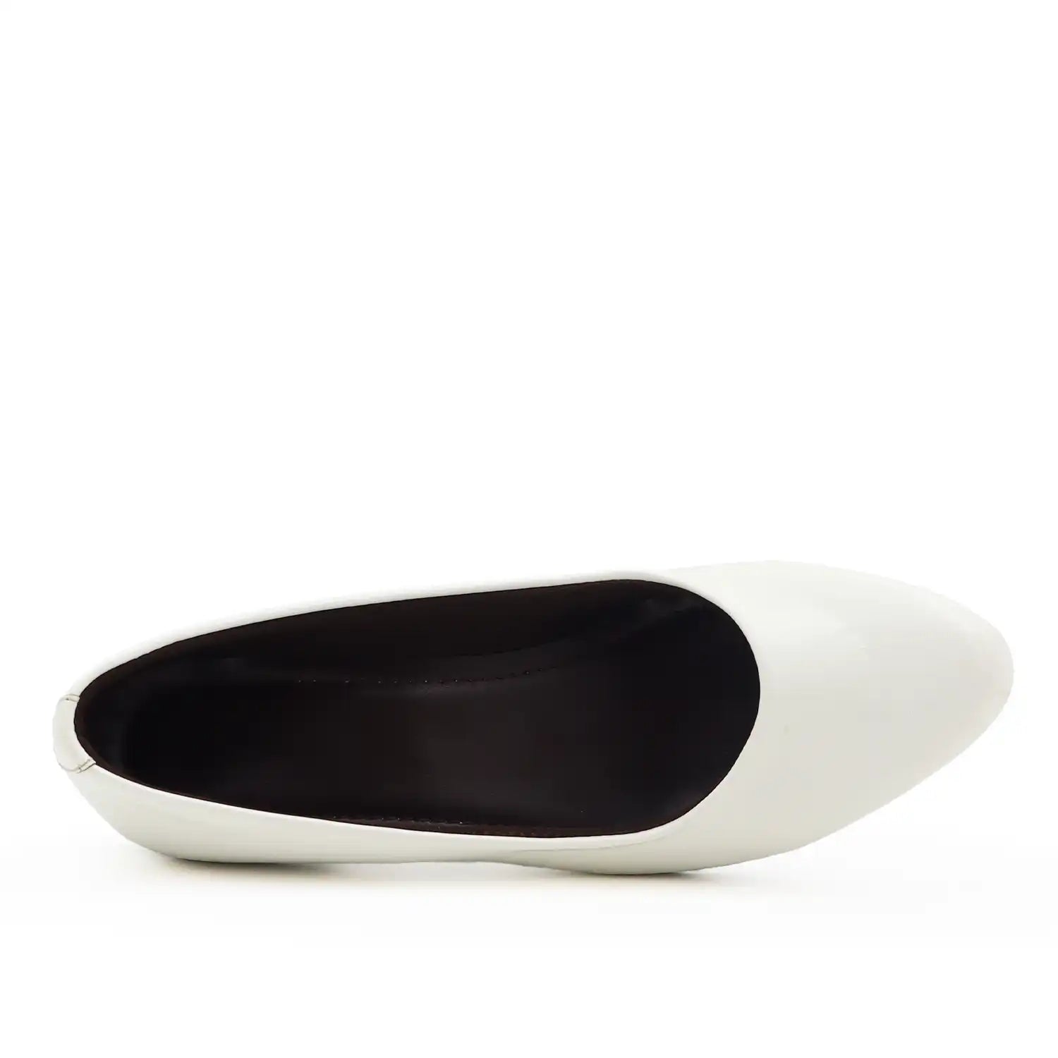 Women's pump shoe in glossy white patent leather with a block heel and light weight sole, top view