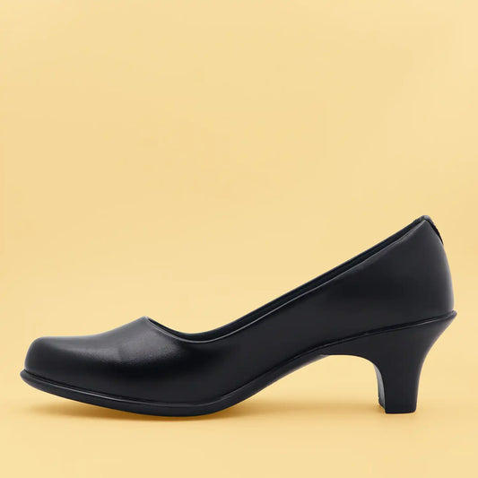 Women's black office wear heeled shoes, comfortable pump shoe. side view
