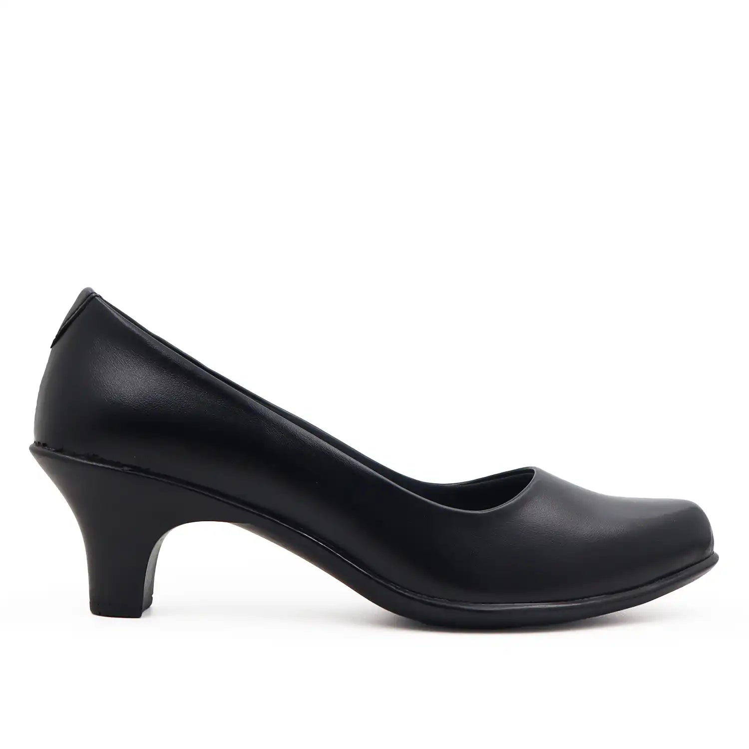 Women's black office wear heeled shoes, Comfortable pump shoe. side profile view