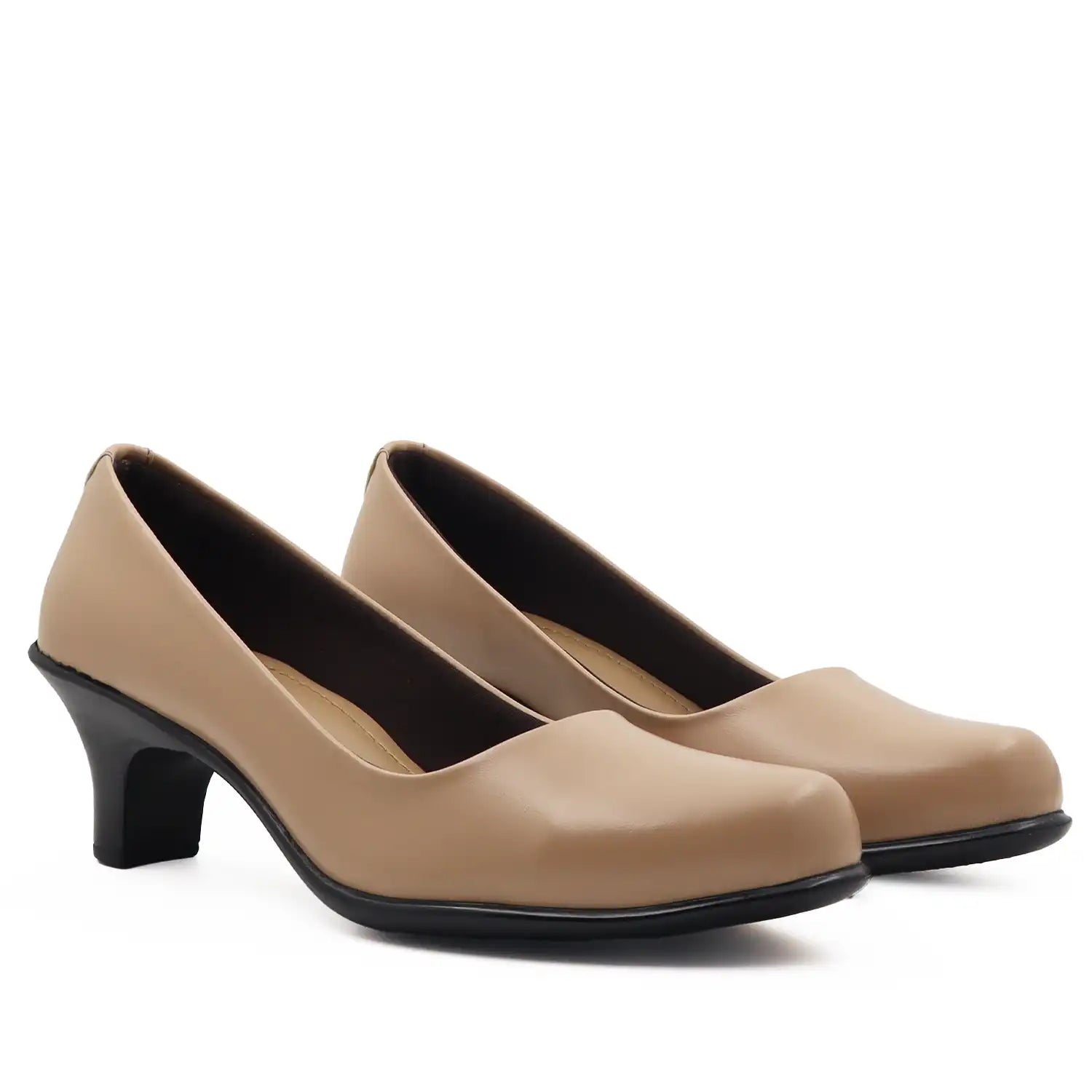 A pair of women's low block-heel pumps in a smooth tan color