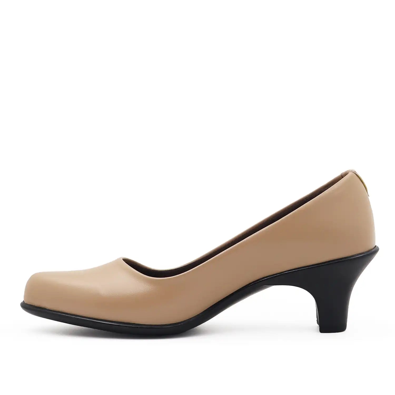 Women's low block-heel pumps in a smooth tan color with comfortable shoe bed and lining