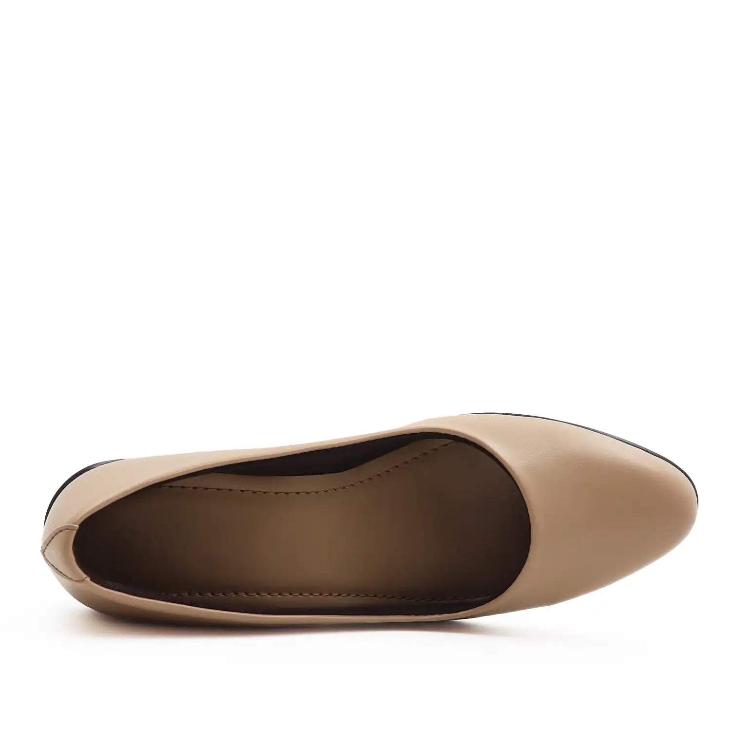 Women's low block-heel pumps in a smooth tan color, top view