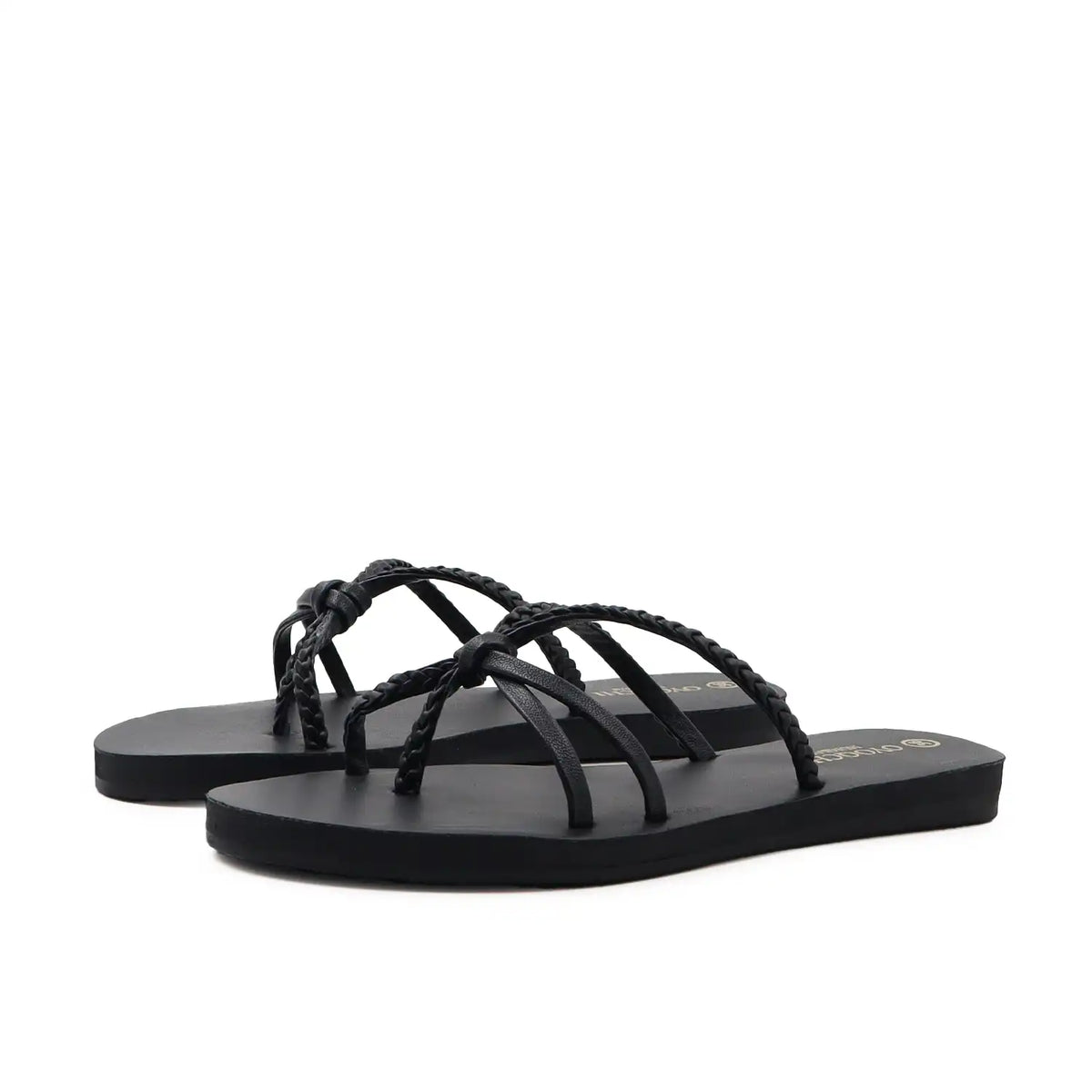 Oyoqchi women's black sandal with a braided design , pair view
