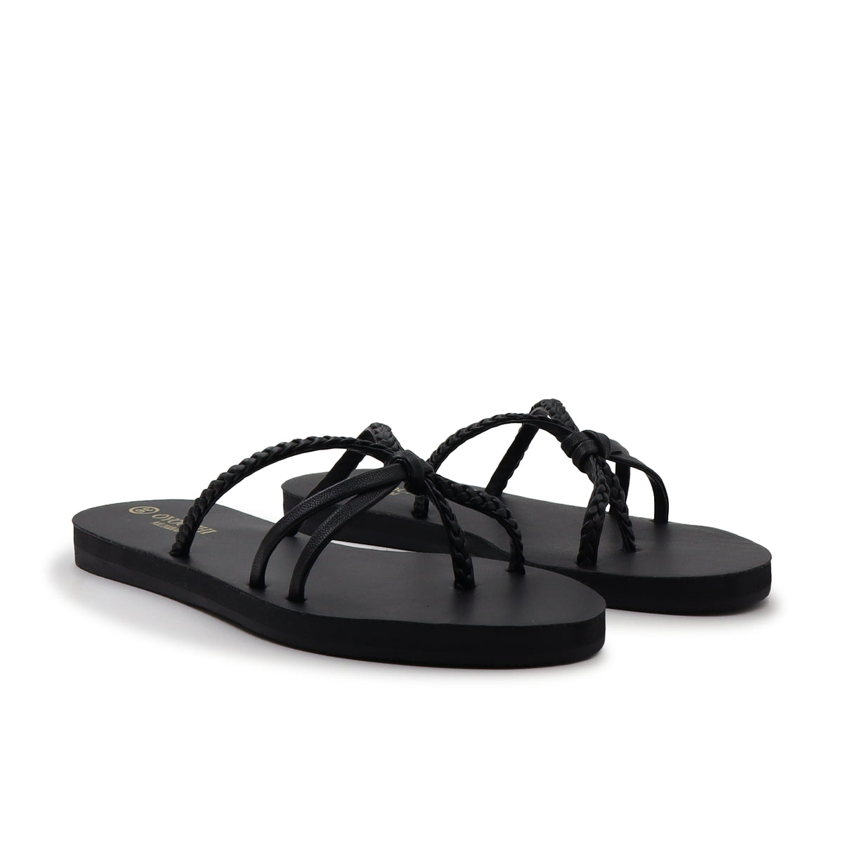 Women's black sandals with braided straps on a white background
