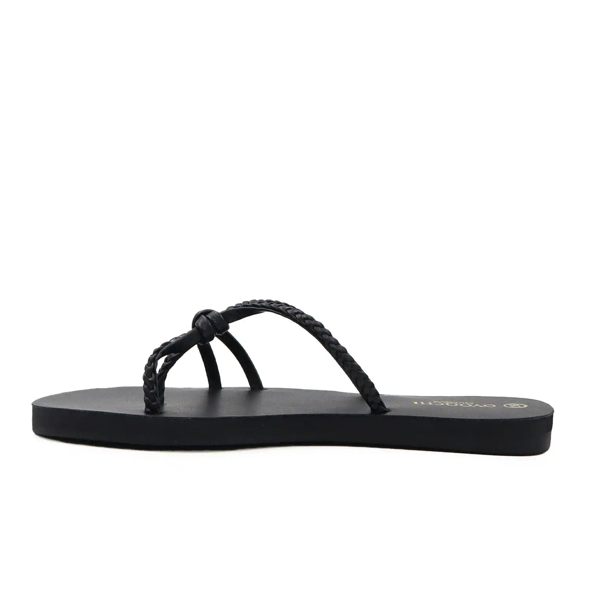 Oyoqchi women's black sandal with a braided design on a white background