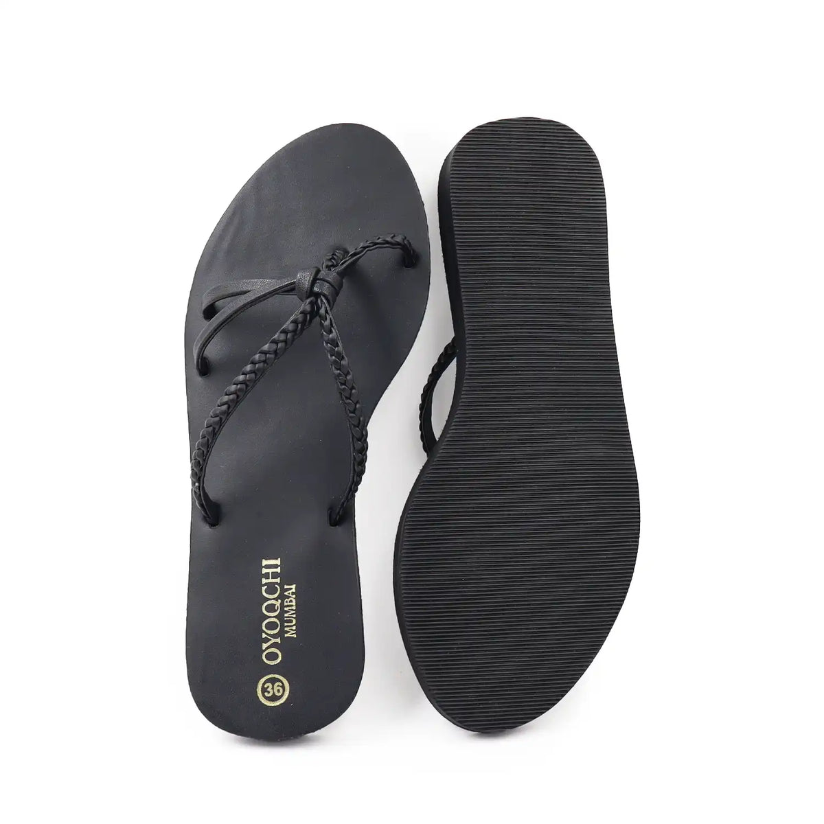 Oyoqchi women's black flat sandal with a braided design, top and sole view