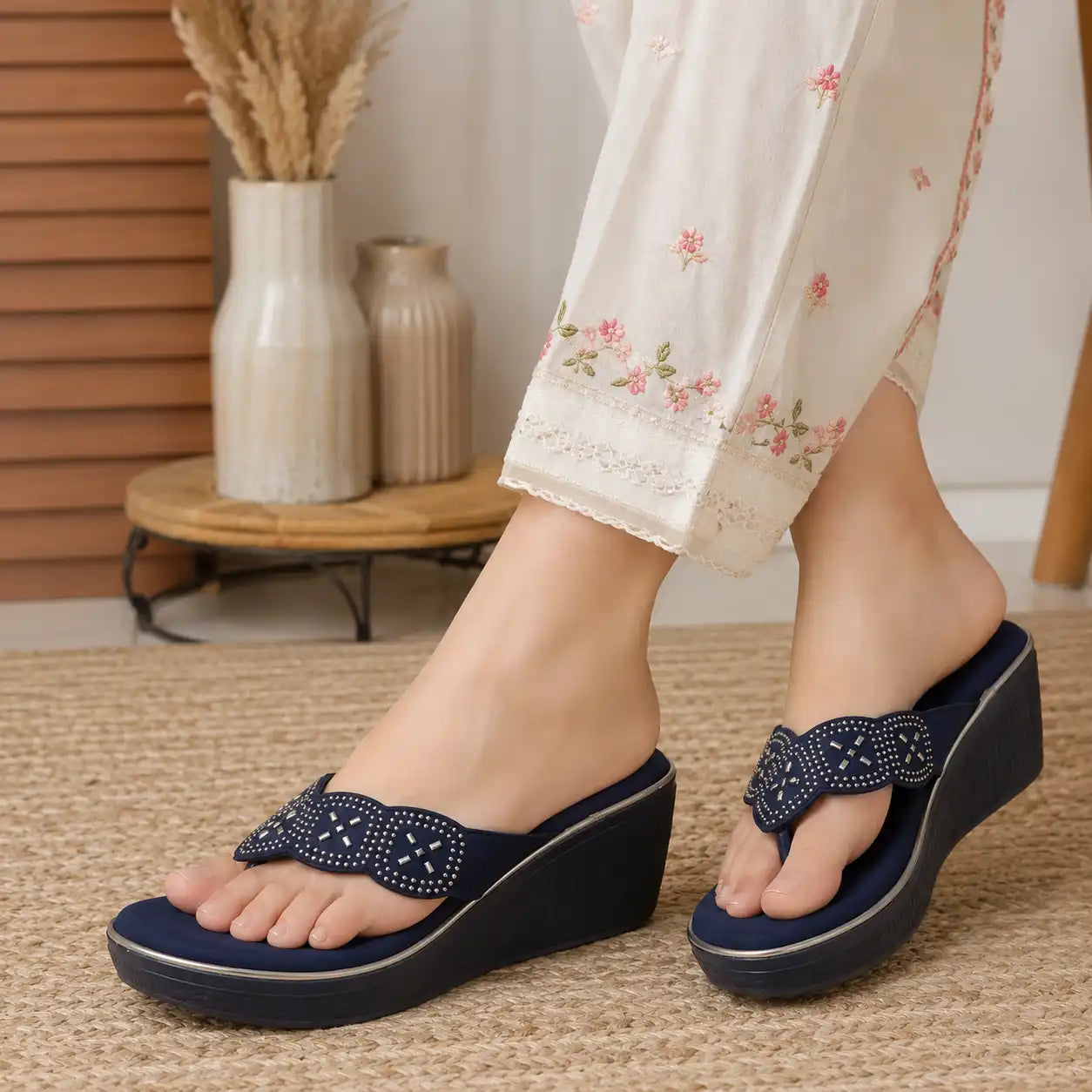 Oyoqchi Women's Blue Lightweight 2 Inch Wedge Heel Sandals with Soft Cushioned Footbed for Daily Wear, lifestyle view