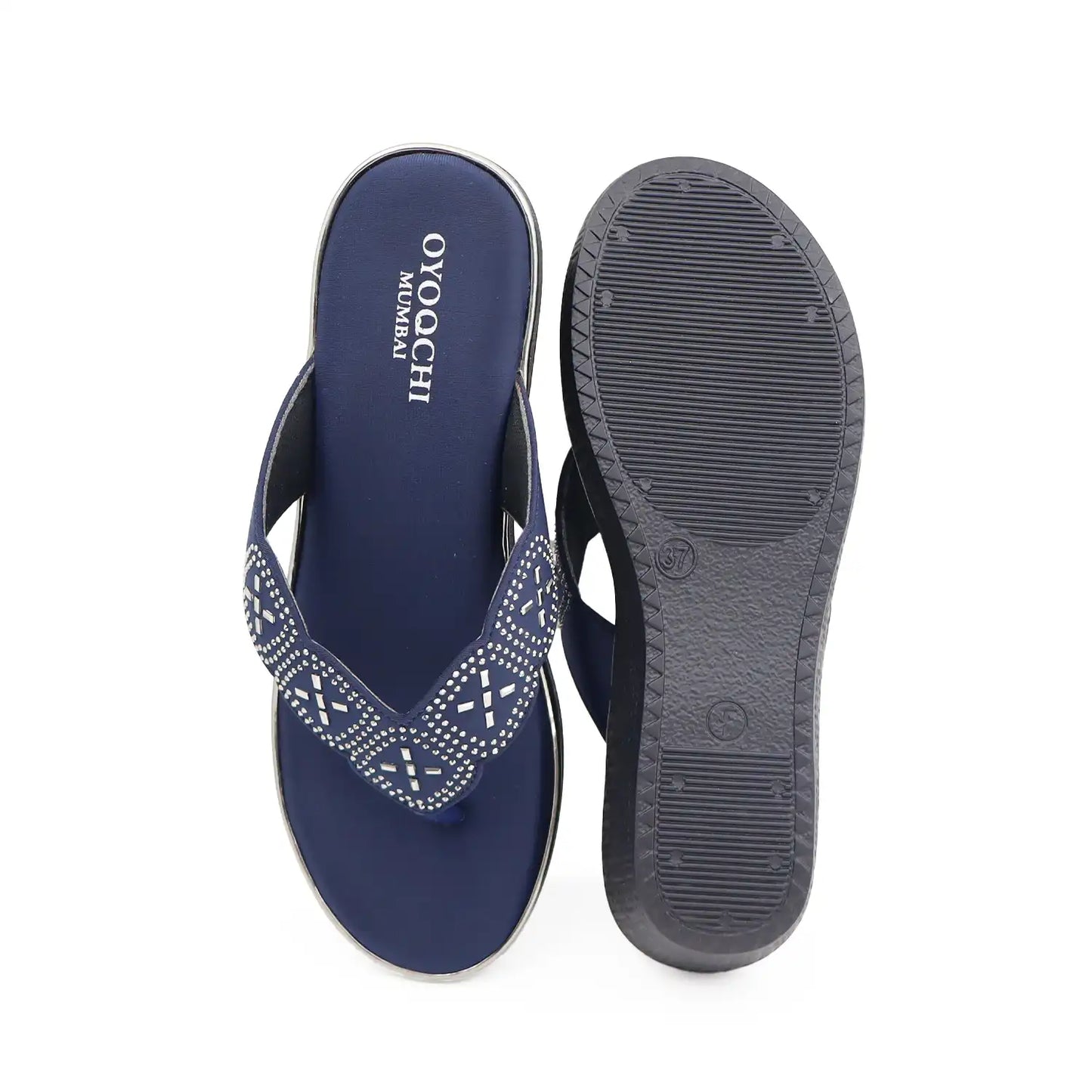 Oyoqchi Women's Blue Lightweight 2 Inch Wedge Heel Sandals with Soft Cushioned Footbed for Daily Wear, top and sole view