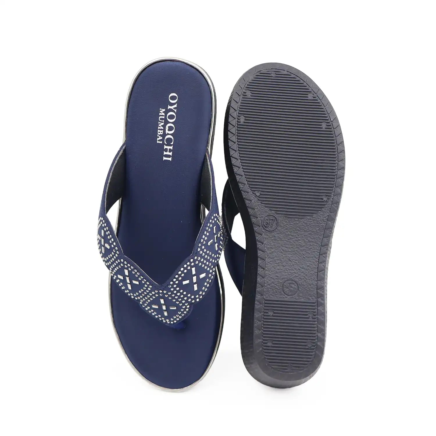 Oyoqchi Women's Blue Lightweight 2 Inch Wedge Heel Sandals with Soft Cushioned Footbed for Daily Wear, top and sole view