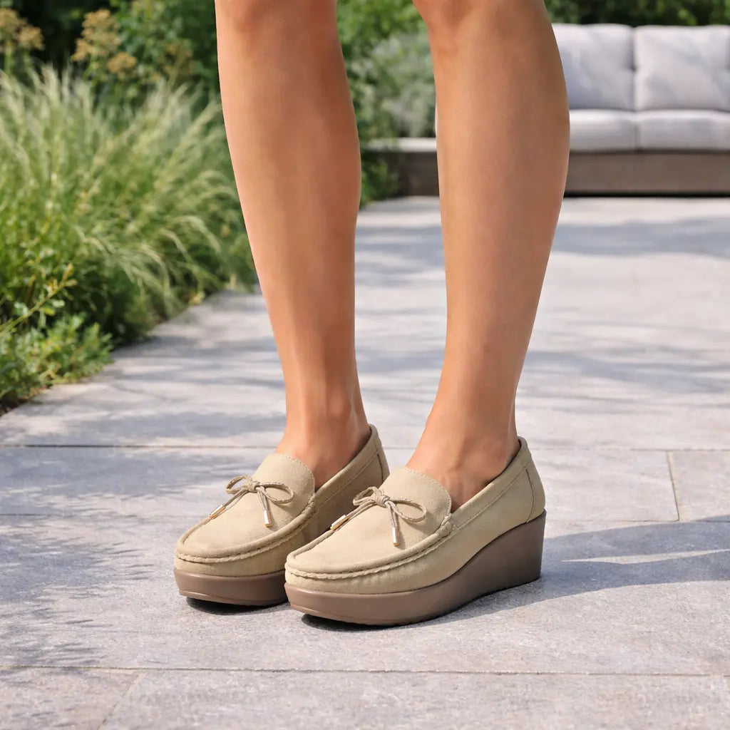 Women's beige wedge heel loafers lifestye view