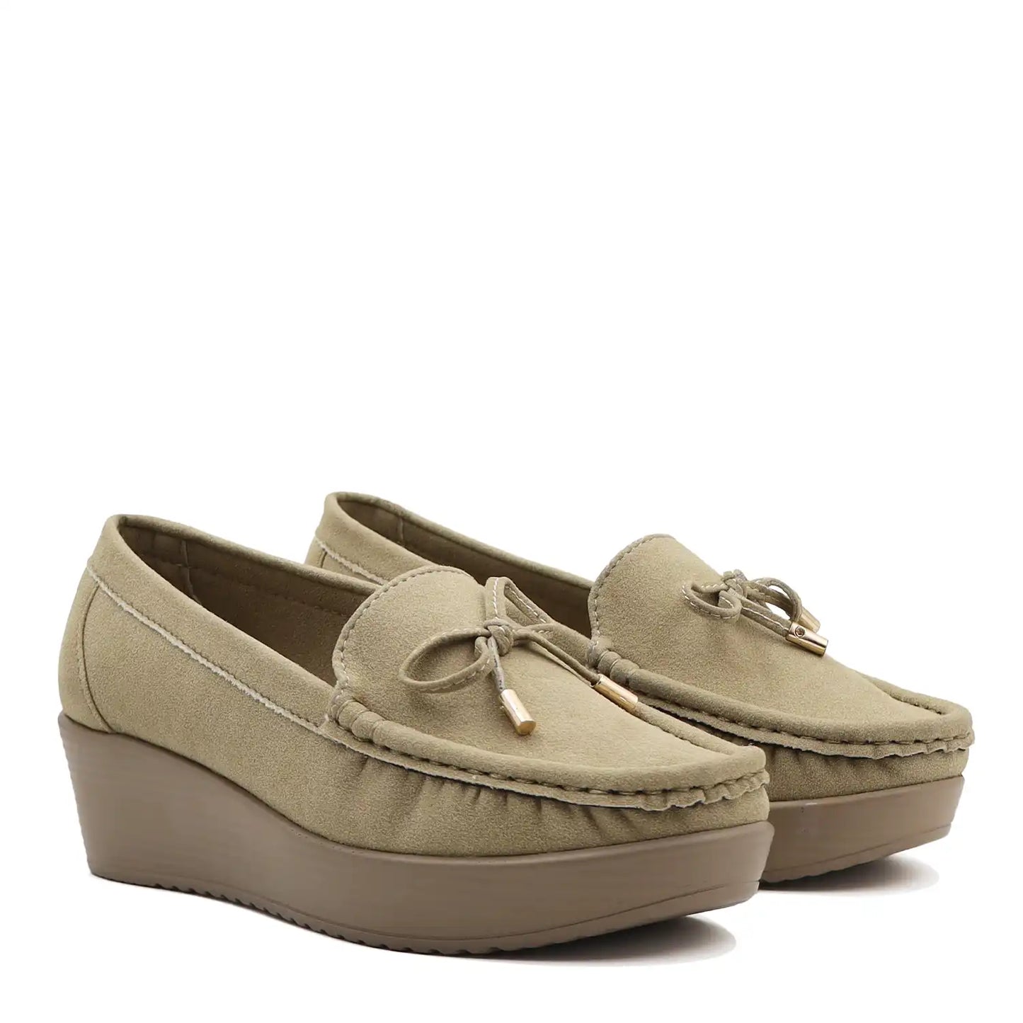 Front view of women's beige wedge heel loafers