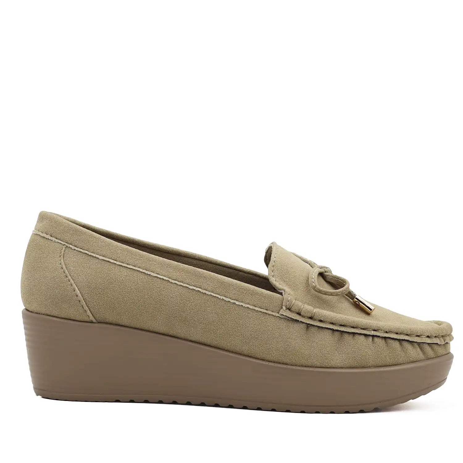 Women's beige wedge heel loafers side profile view