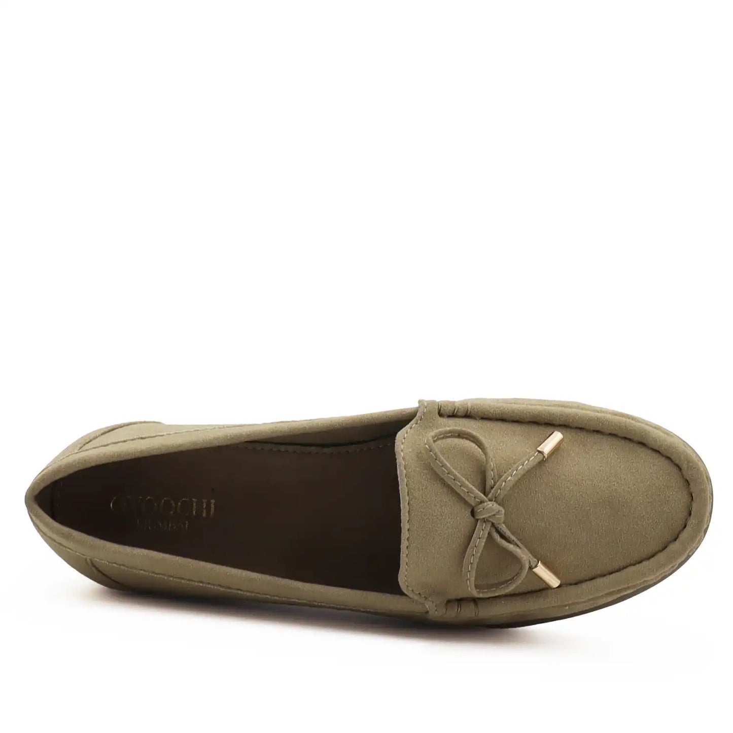 Women's beige wedge heel loafers top view