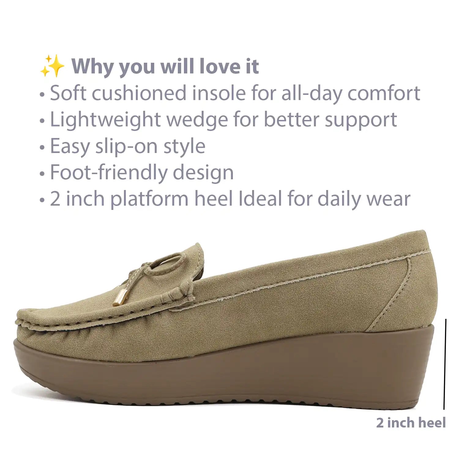 Women's beige wedge heel loafer product detail view