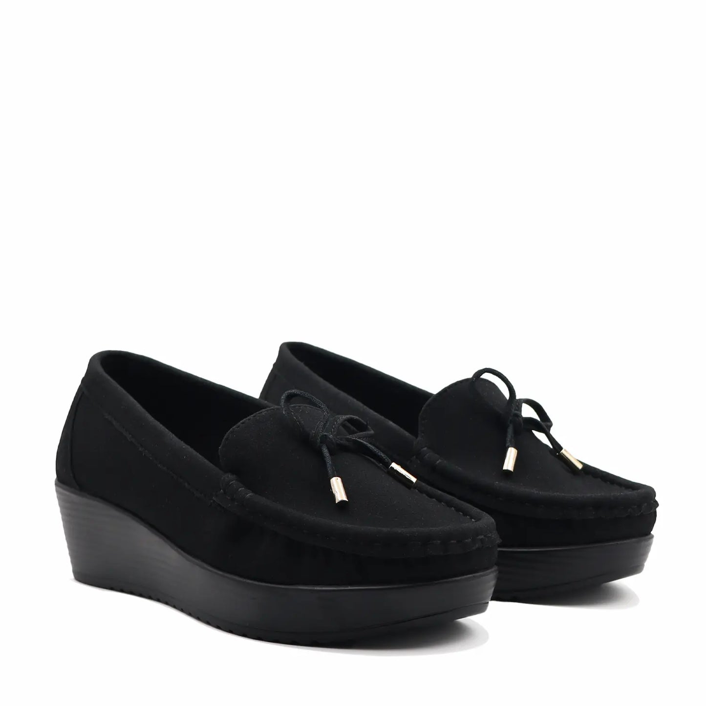 Women's black wedge heel loafers pair view
