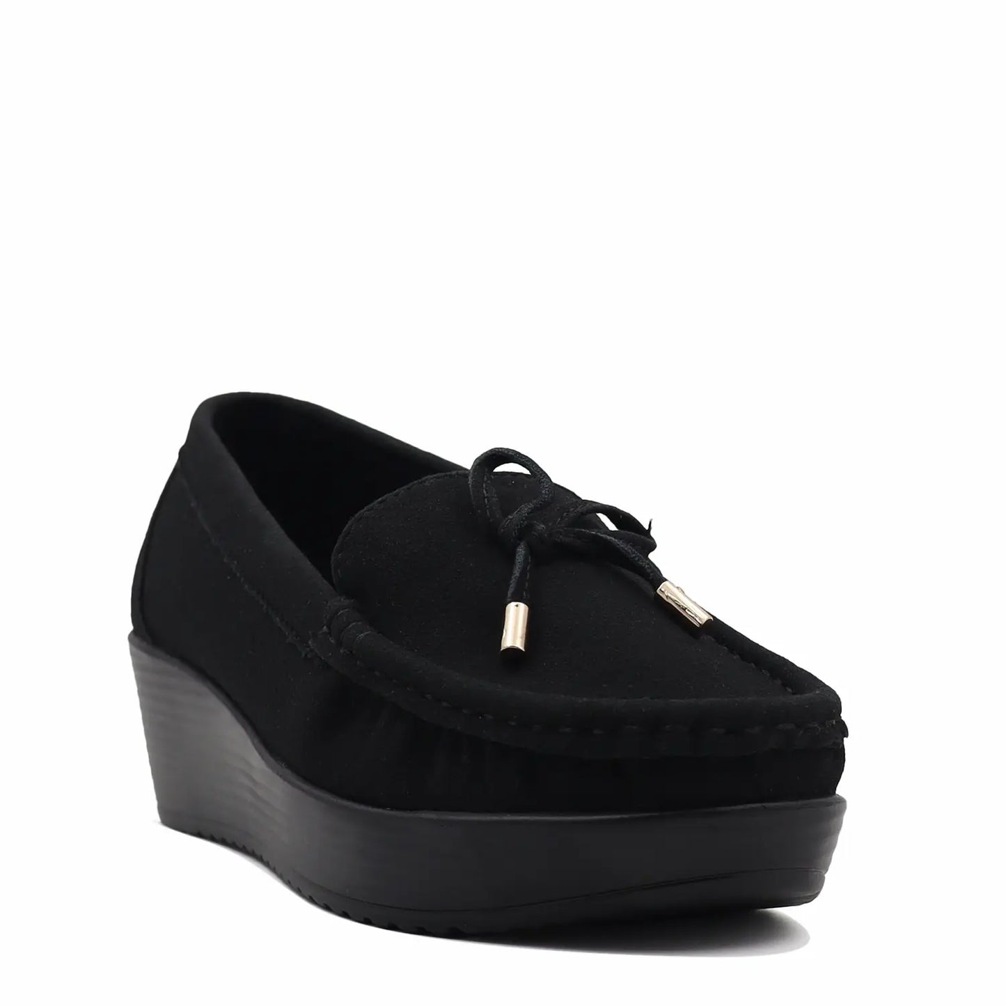 Women's black wedge heel loafers, angled view