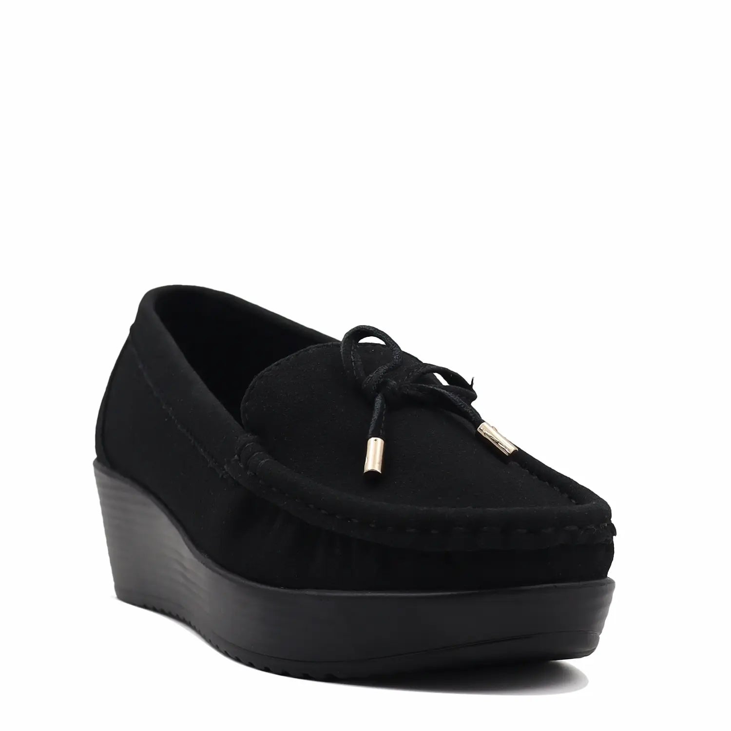 Women's black wedge heel loafers, angled view