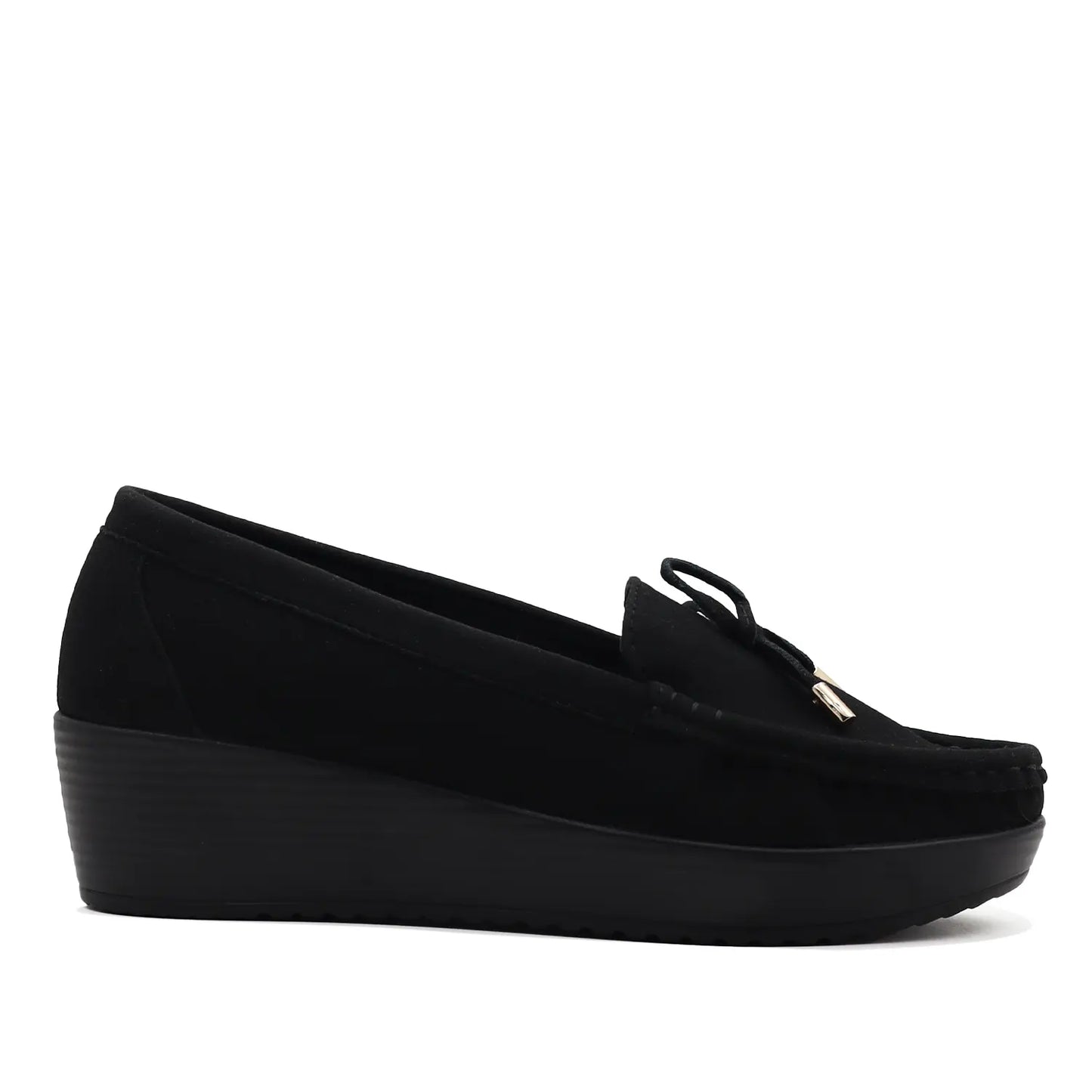 Women's black wedge heel loafers, side profile view