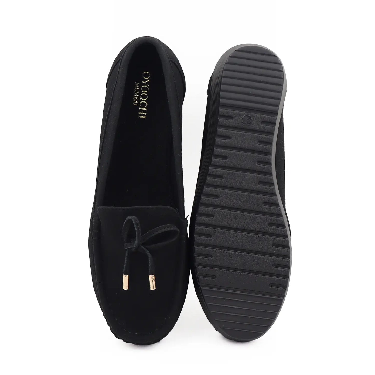 Women's black wedge heel loafers, top and sole view