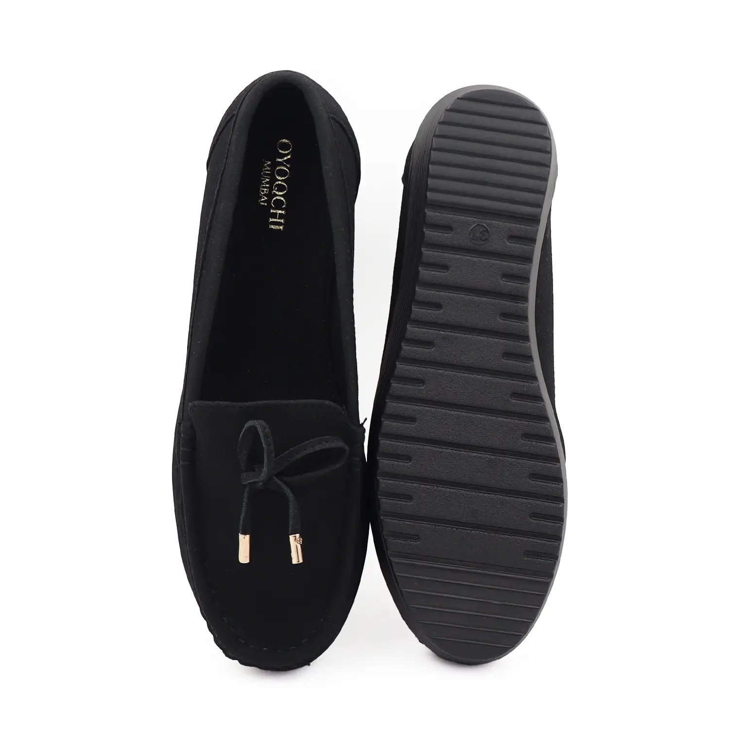 Women's black wedge heel loafers, top and sole view