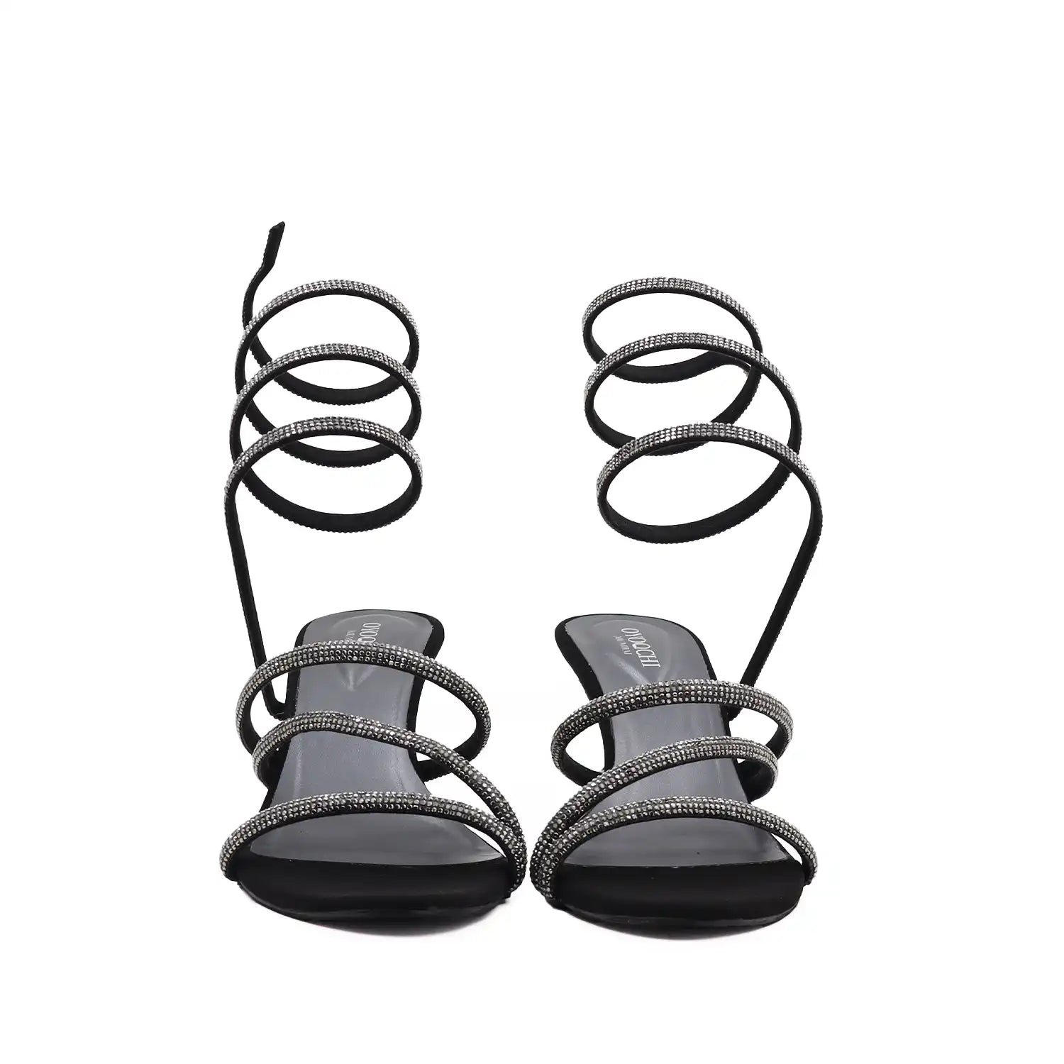Oyoqchi women's party wear black strappy heels with spiral straps on a white background