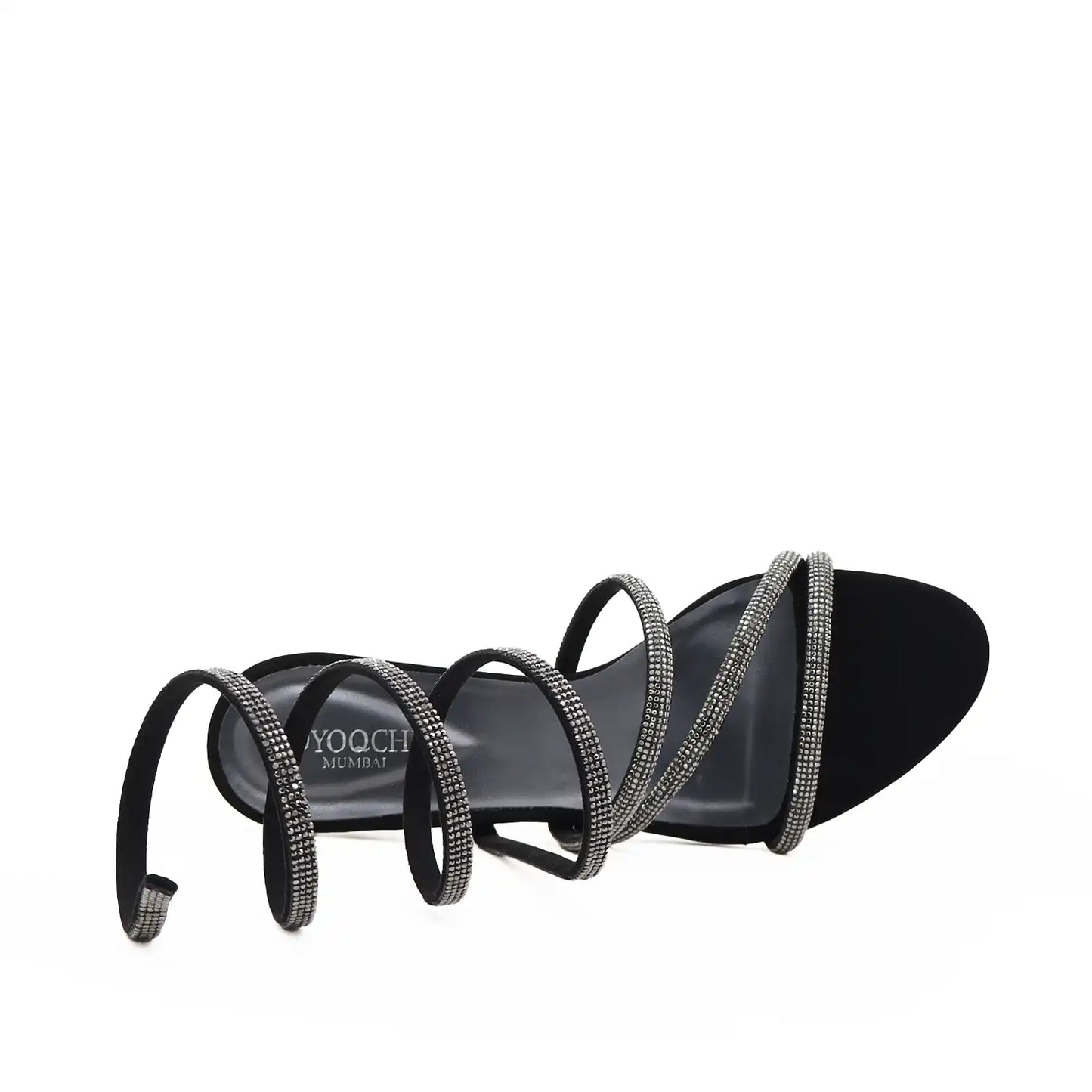 Top view of party wear black strappy heels with ankle strap for women designed by oyoqchi